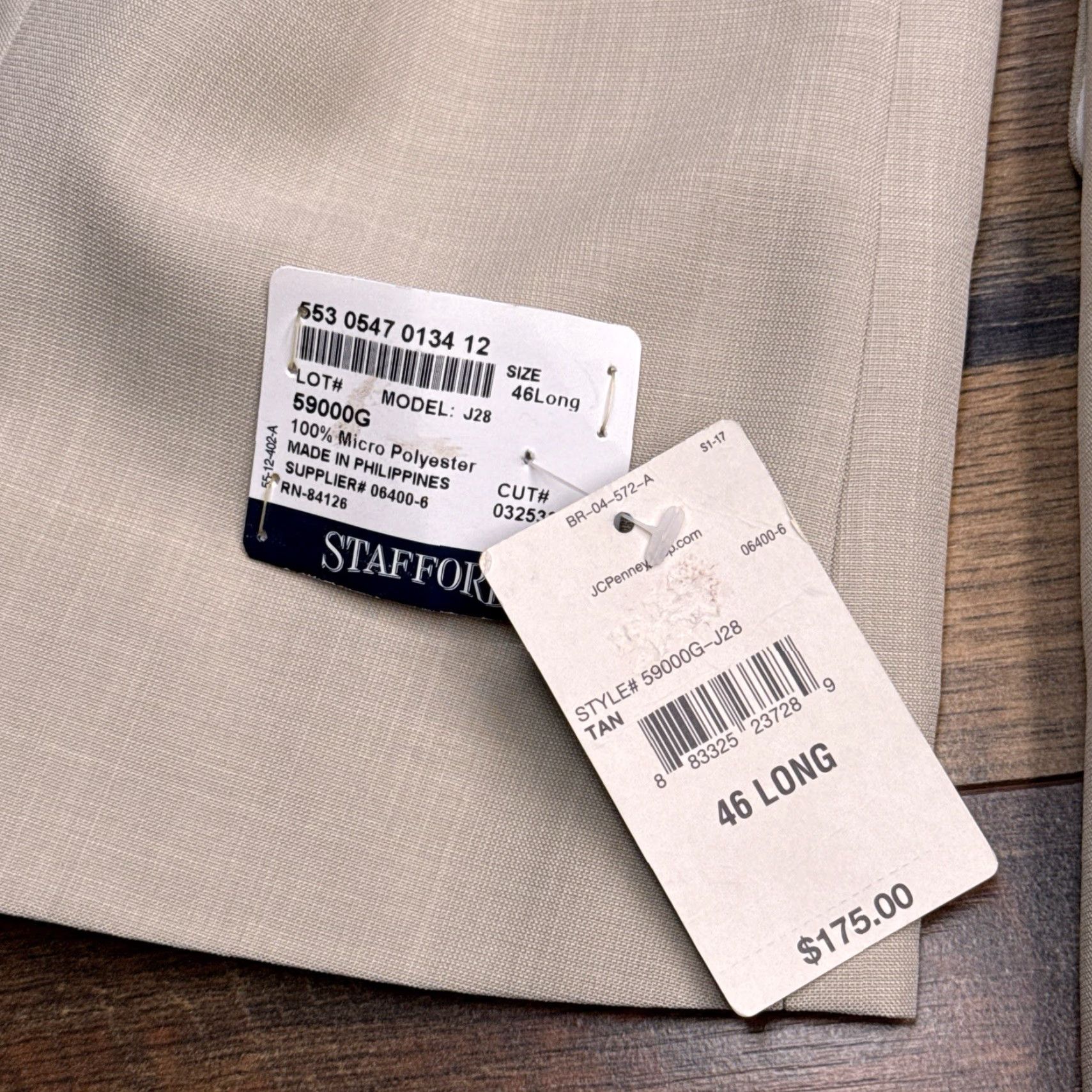 Stafford Stafford Suit 2 Piece Long Tan Pleated Notch Lapel Single-Breasted 46 Chest 48 36 Skinny? Size 46R - 6 Thumbnail