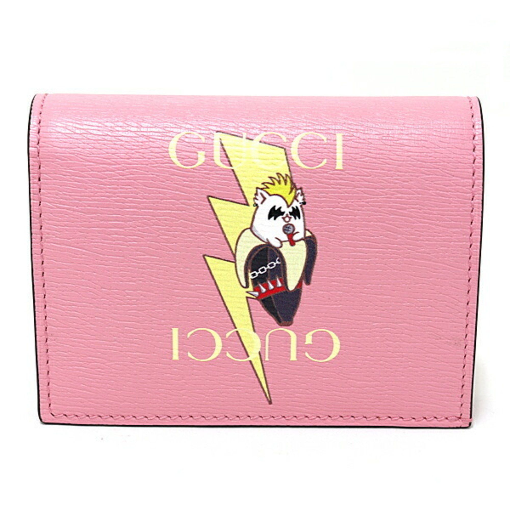 image of Gucci Bananya Card Case Wallet Metal Leather Bifold 701009 Pink Gold Hardware, Women's