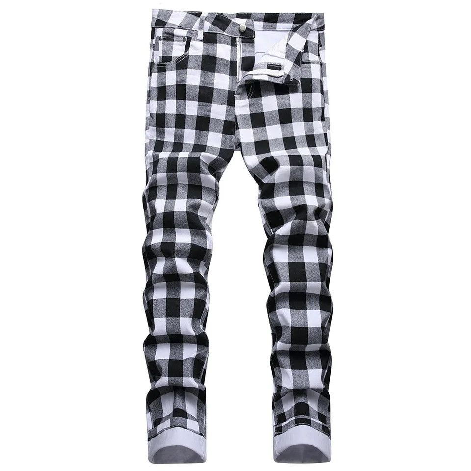y2k black and white plaid printed jeans for men