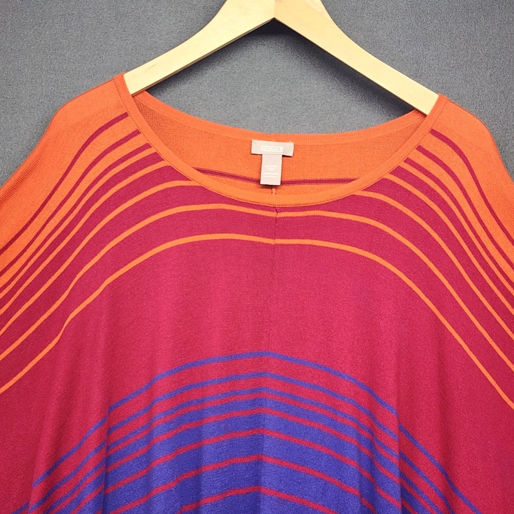 Vintage Chicos One Size Batwing Poncho Sweater Orange Pink Purple Ombre Striped Knit Top Women Short Sleeve Pullover Knits Top pattern Striped Size ONE SIZE - 7 Thumbnail