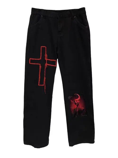 Jean Vintage Y2K Dark Cross Rock Zip Baggy Jeans Size US 30 / EU 46 - 7 Thumbnail