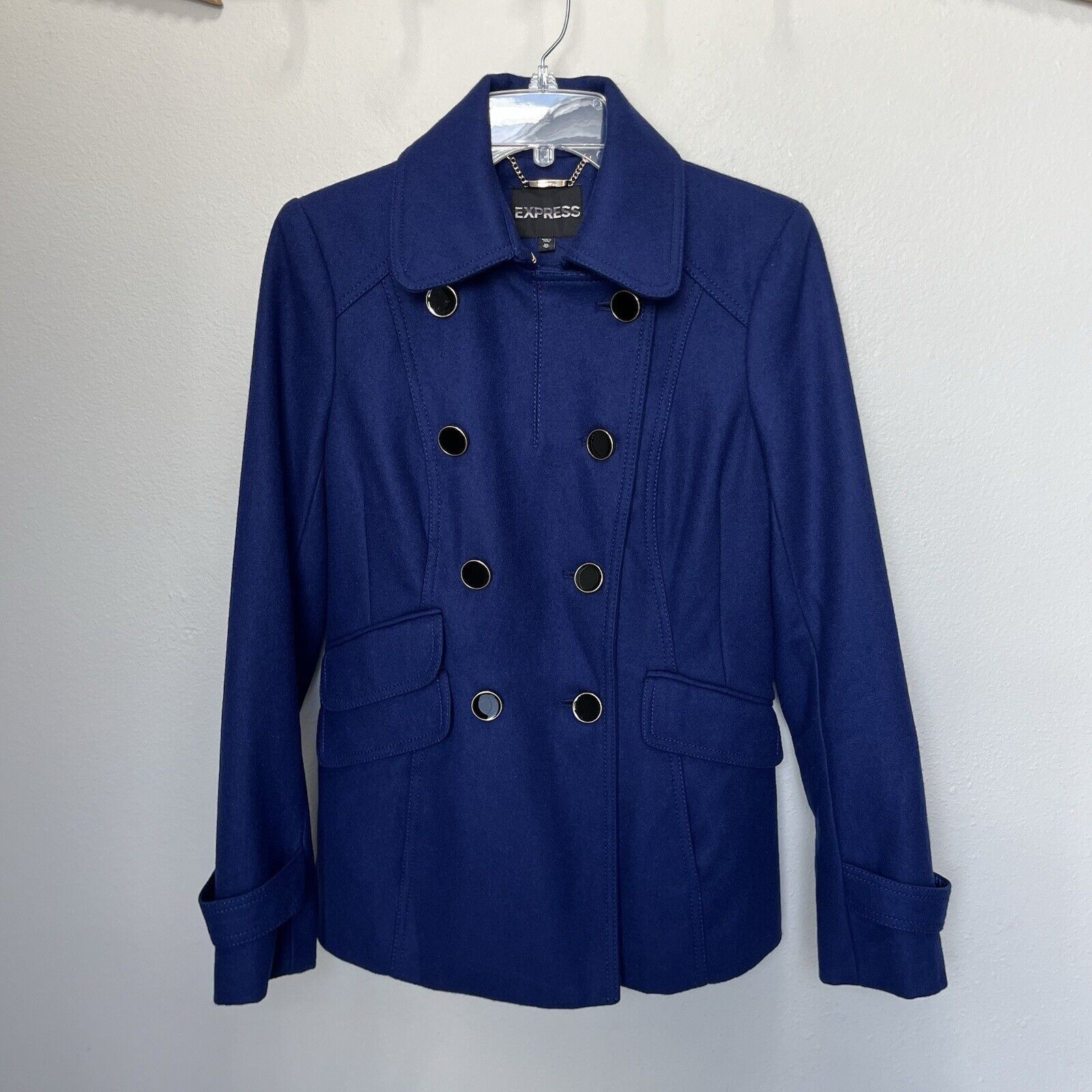 Express Express | Royal Blue Double Breasted Recycled Wool Pea Coat Size XS / US 0-2 / IT 36-38 - 2 Thumbnail