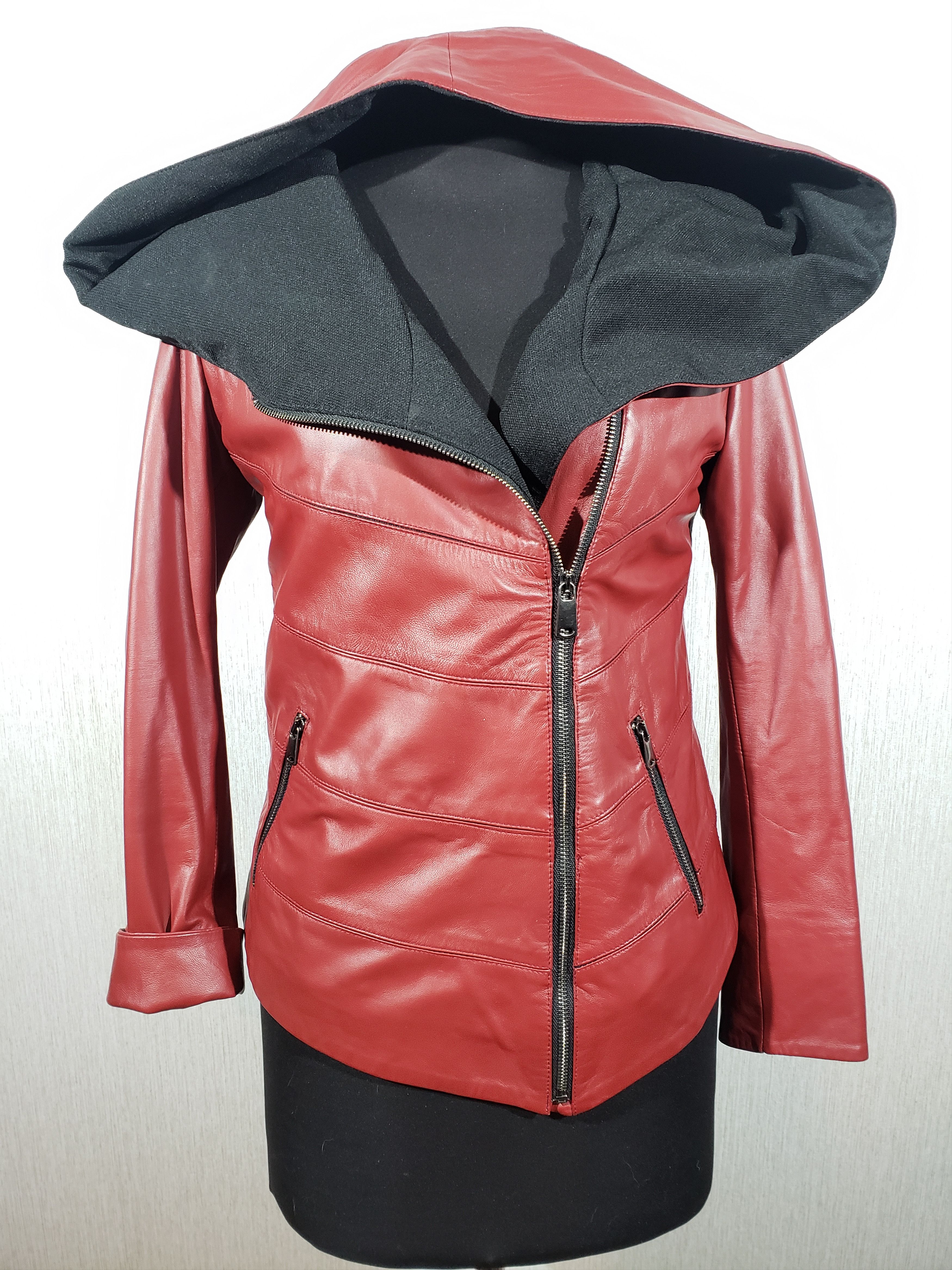 image of Art Stylish Red Leather Jacket For Women With A Hood (Size Medium)