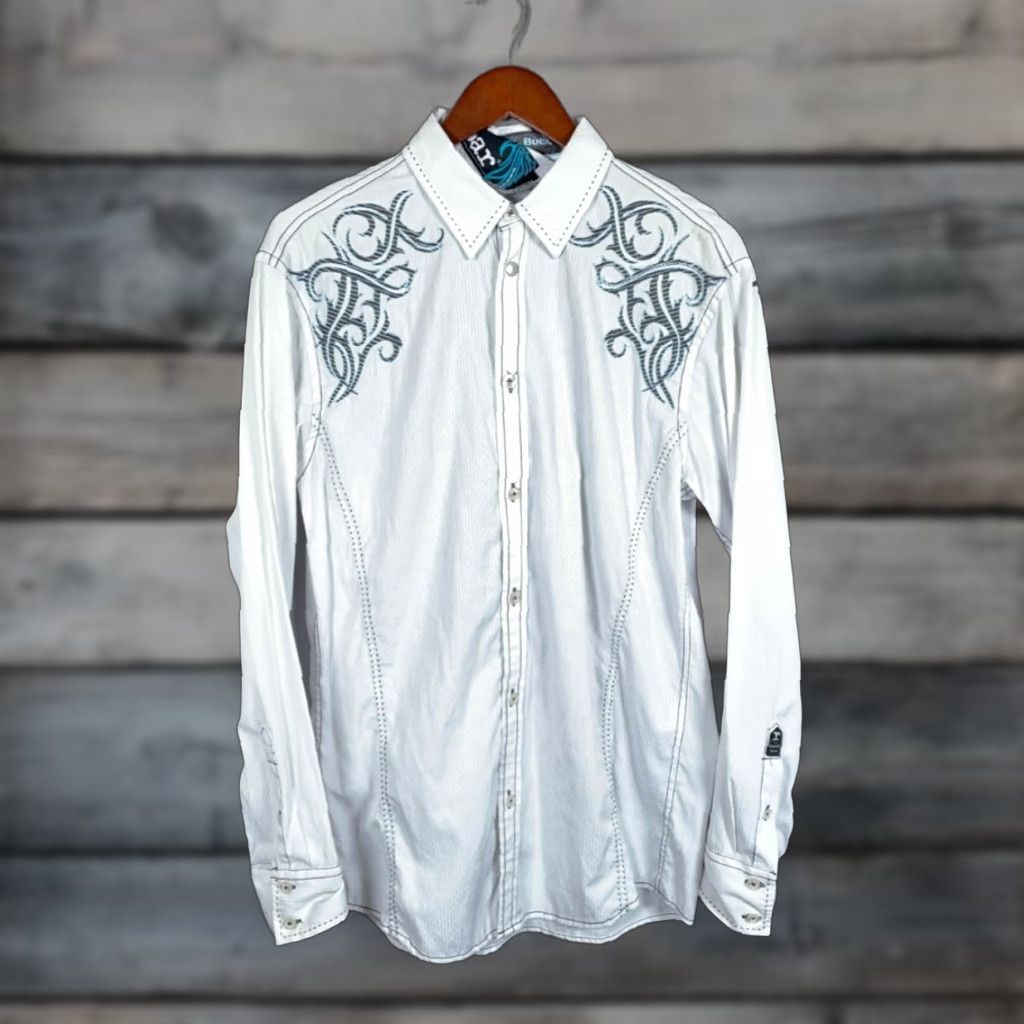 Roar VINTAGE Roar Embroidered Tribal Long Sleeve Shirt Adult Medium White Pinstripe Buckle Size US M / EU 48-50 / 2 - 1 Thumbnail