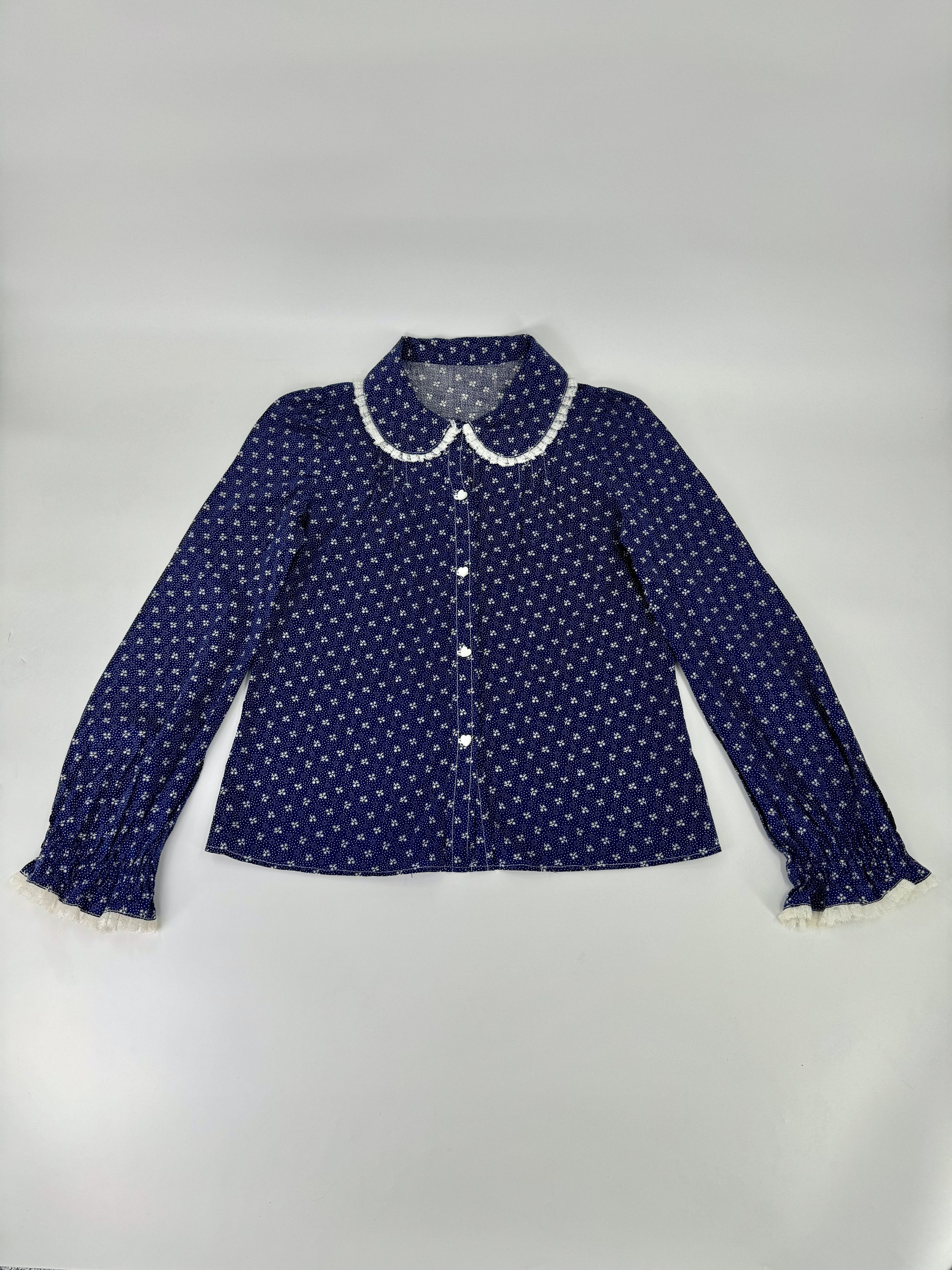 Handmade Vintage Style Button Up Blouse Blue Calico Small