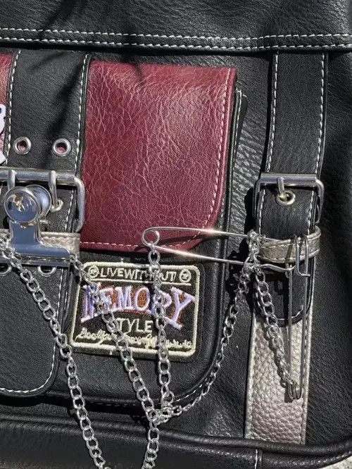 Japanese Brand Y2K PU Leather Shoulder Bag with Chain Size ONE SIZE - 4 Thumbnail