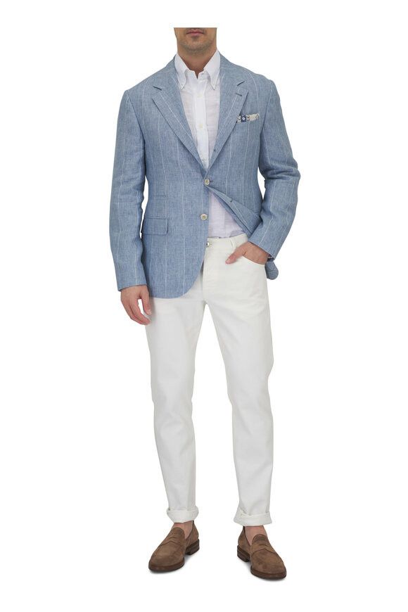 Brunello Cucinelli o1mtch0225 Stripe Linen Sportcoat in Light Blue Size US L / EU 52-54 / 3 - 2 Thumbnail