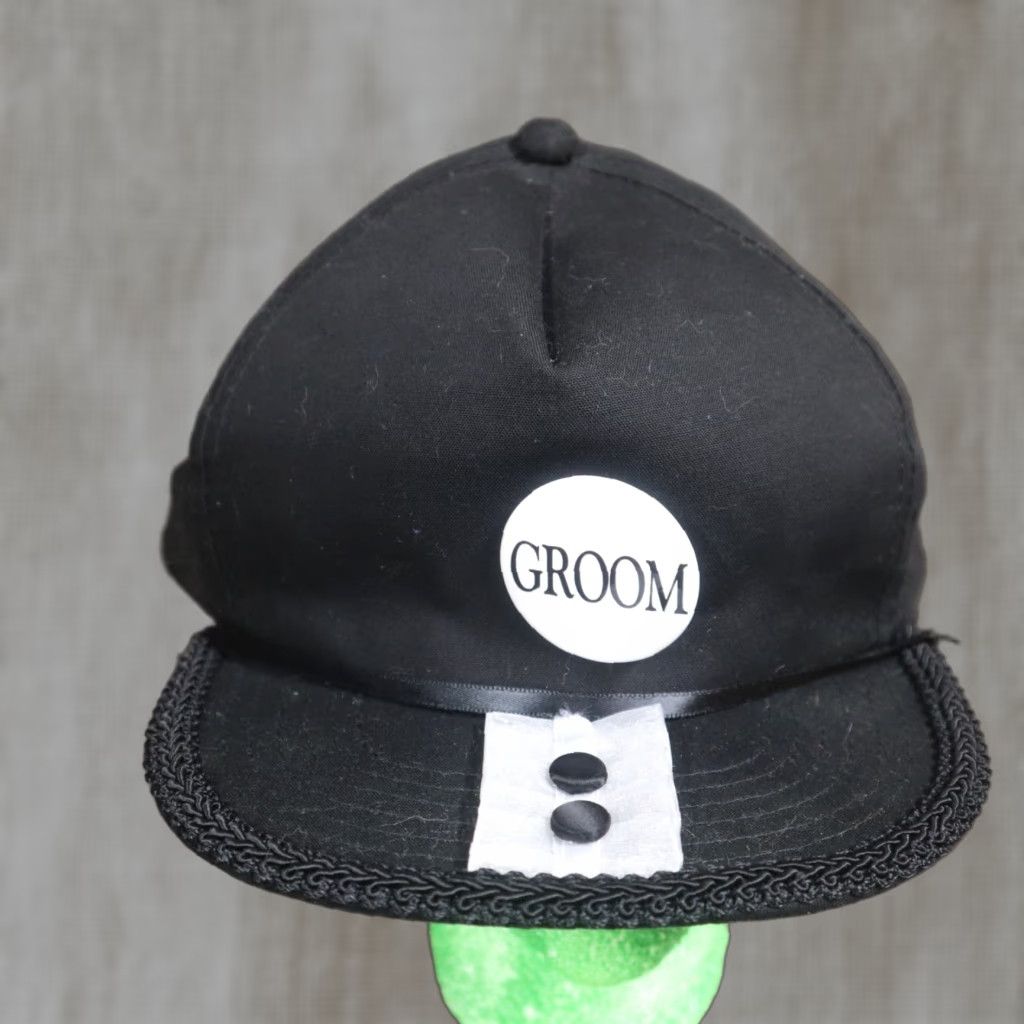 Vintage Groom Hat Cap Adjustable Black White Wedding Batcher Adult Size Removable Pin Size ONE SIZE - 1 Thumbnail