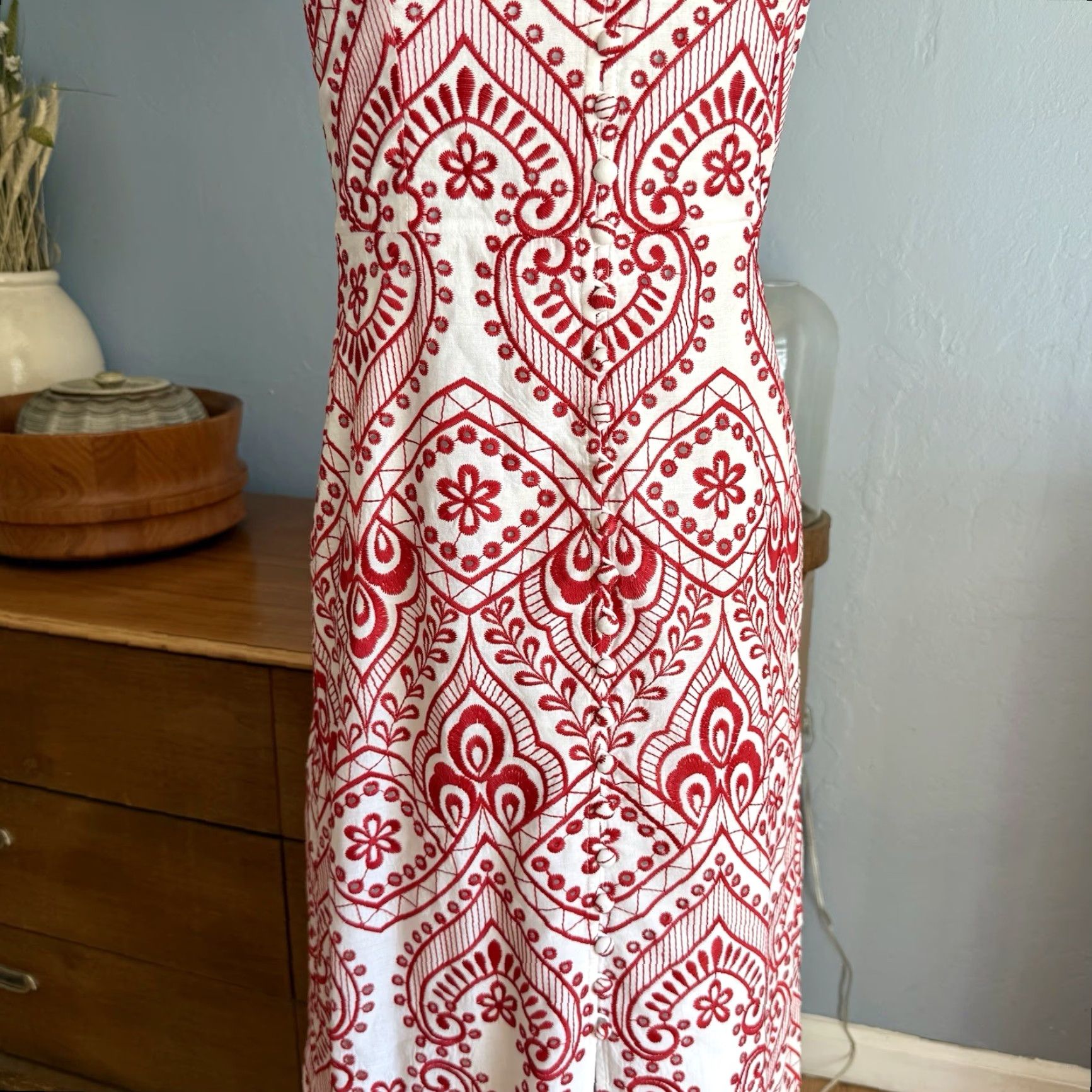 Vintage VINTAGE Evi Grintela Carine Sleeveless Embroidered Midi Dress Red White XS Size XS / US 0-2 / IT 36-38 - 6 Thumbnail