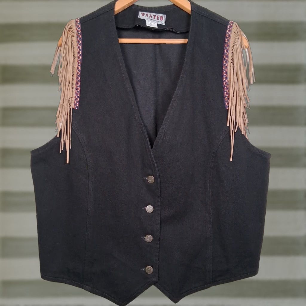 Vintage VINTAGE Wanted by Beads Beautiful Western Vest Women XL Black Denim Fringe USA Made Cowgirl Vest Size XL / US 12-14 / IT 48-50 - 1 Thumbnail