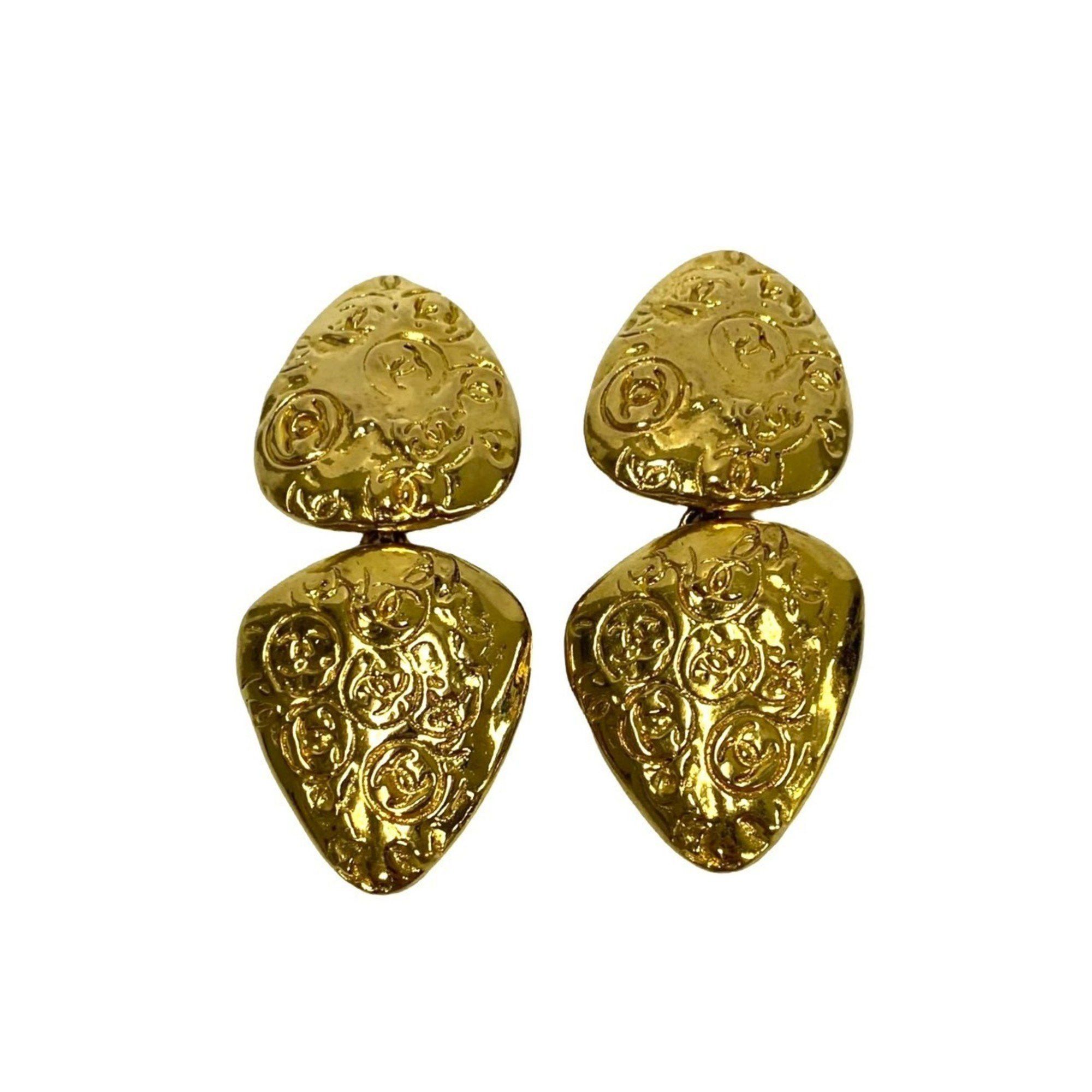 CHANEL Vintage 93P Engraved Coco Mark Motif Earrings/Ear Cuff Gold