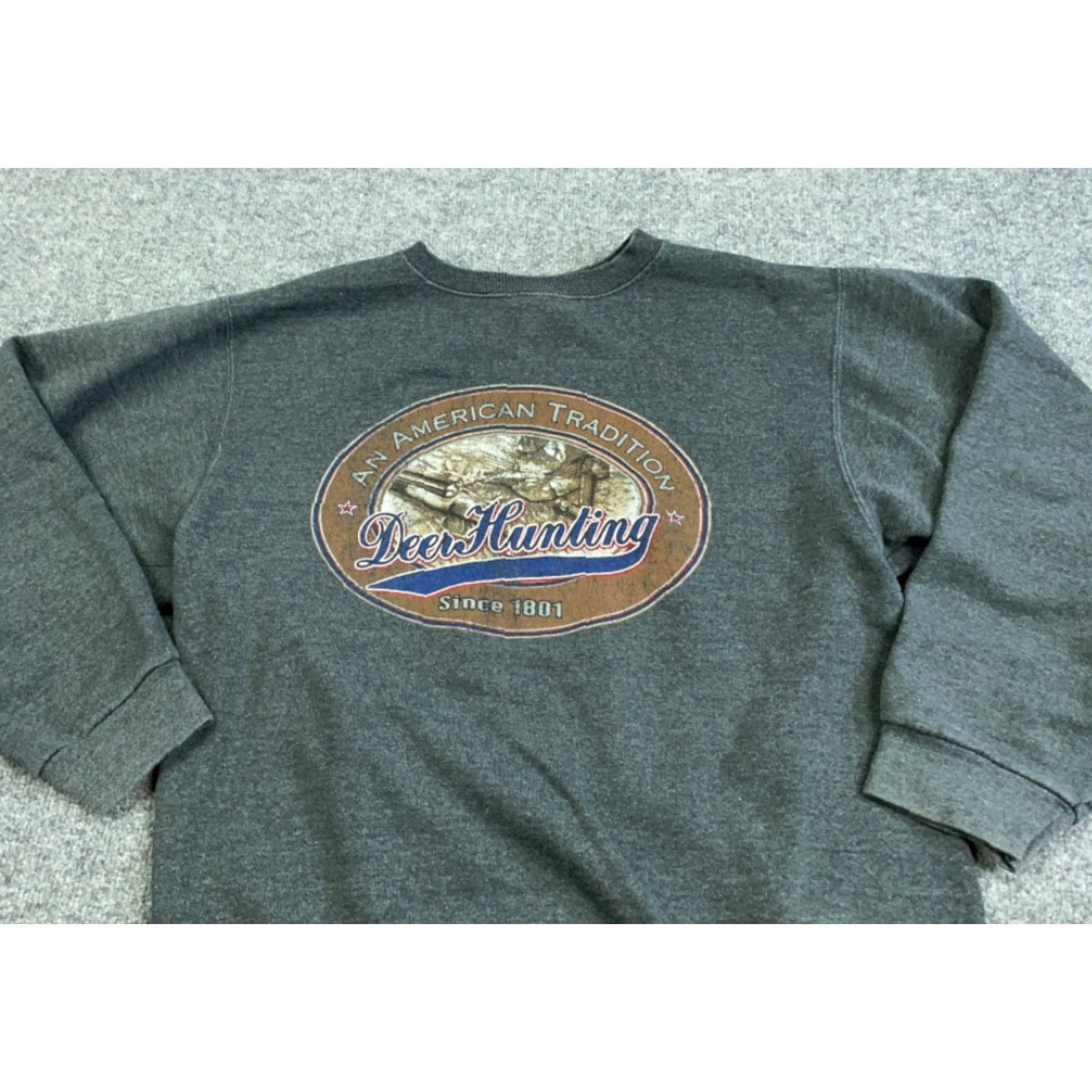 Vintage Pluma Deer Hunting Print Gray Sweatshirt Adult Large 50-50 Fleece VTG Size US L / EU 52-54 / 3 - 6 Thumbnail