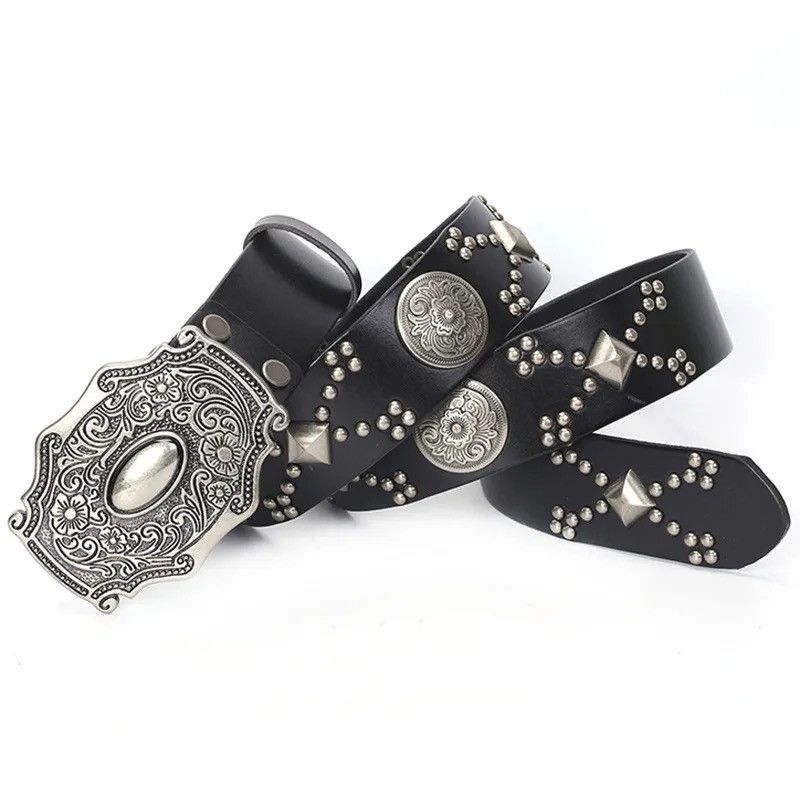 Leather × Vintage Punk Men's Belt Cinturon Mujer Western Cowboy Strap Ceinture Size ONE SIZE - 1 Thumbnail