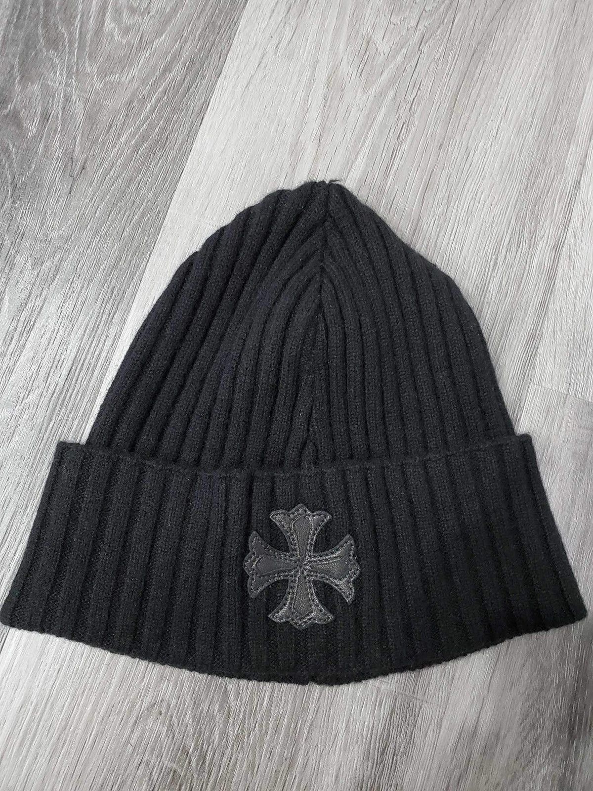 image of Black Cashmere Chrome Hearts Leather Patch Beanie, Men's