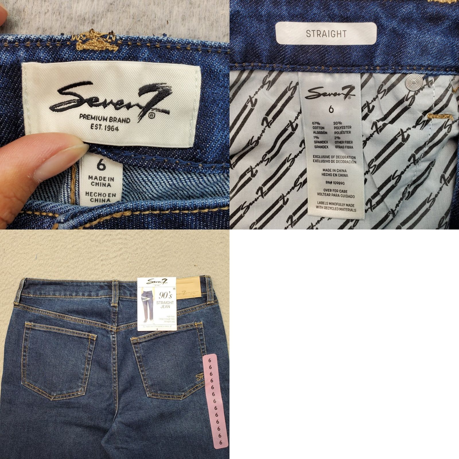 Vintage Seven7 Womens 6 Blue Denim Straight Jeans High Rise Comfort Stretch Signature Whiskered Classic 5-Pocket Regular Rise Jeans Size 28" / US 6 / IT 42 - 8 Thumbnail