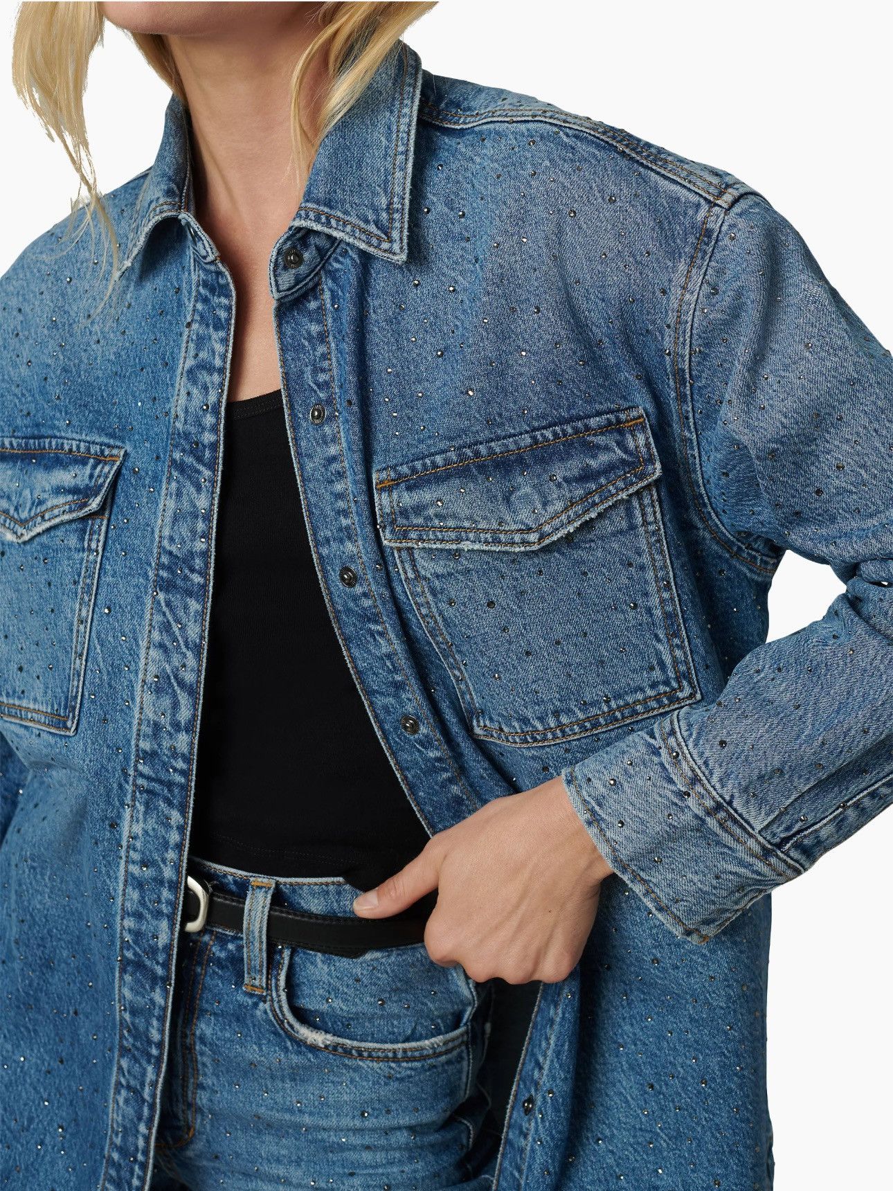 Joe's Joe's Jeans Katrina Crystal-Embellished Denim Shirt Jacket Size S / US 4 / IT 40 - 2 Thumbnail