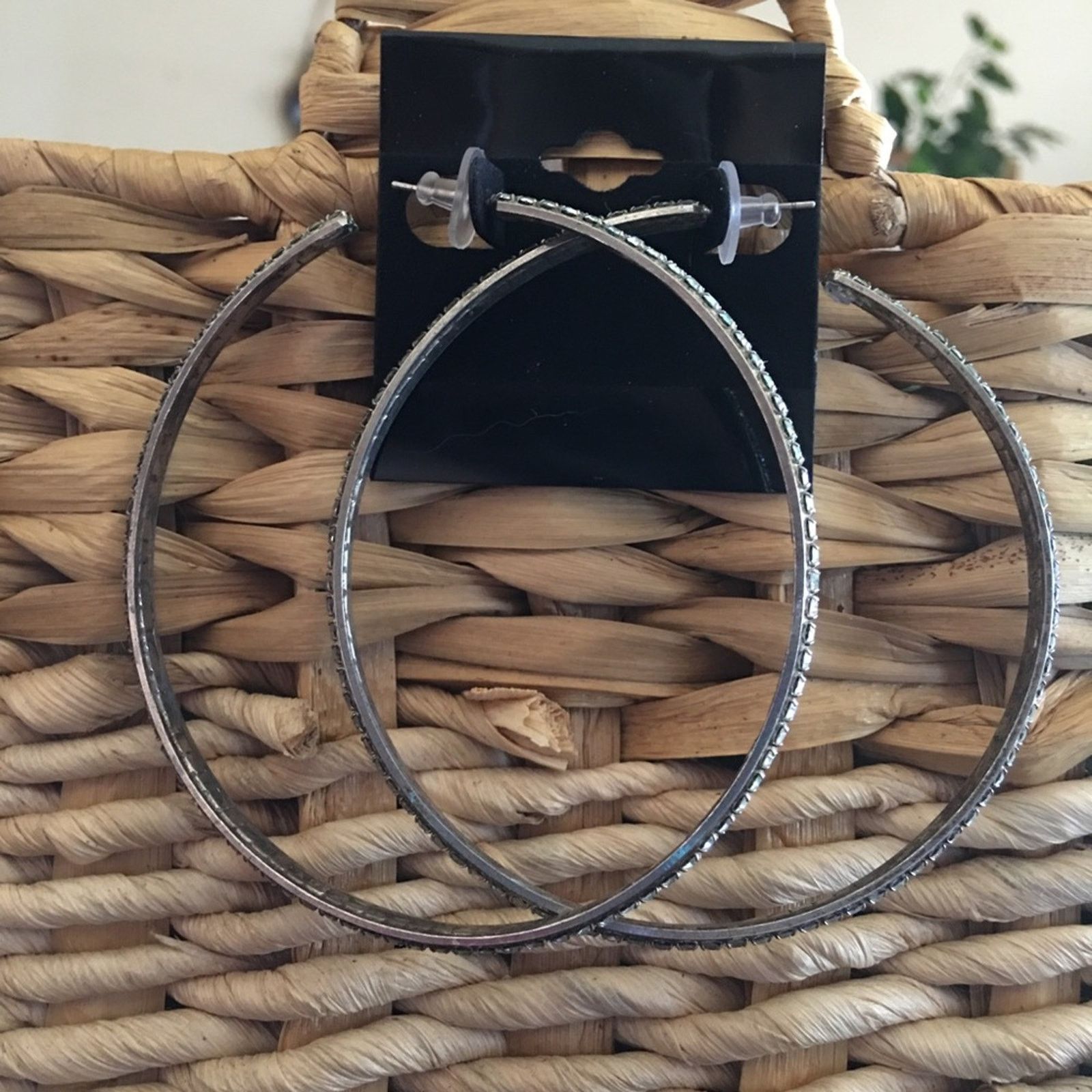 Vintage Vintage silver tone rhinestone large hoop earrings Size ONE SIZE - 1 Thumbnail