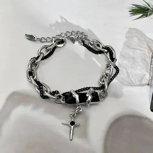 Jewelry Titanium Steel Layered Cross Charm Bracelet For Men Women in Silver