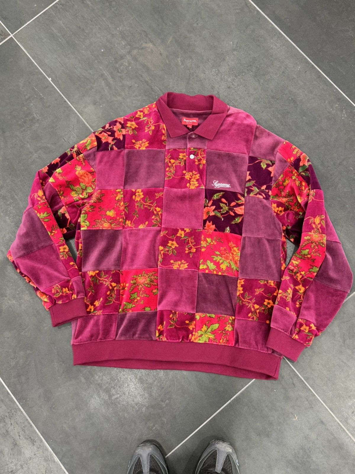 Supreme Supreme Floral Patchwork Velour L/S Polo Cardinal | Grailed