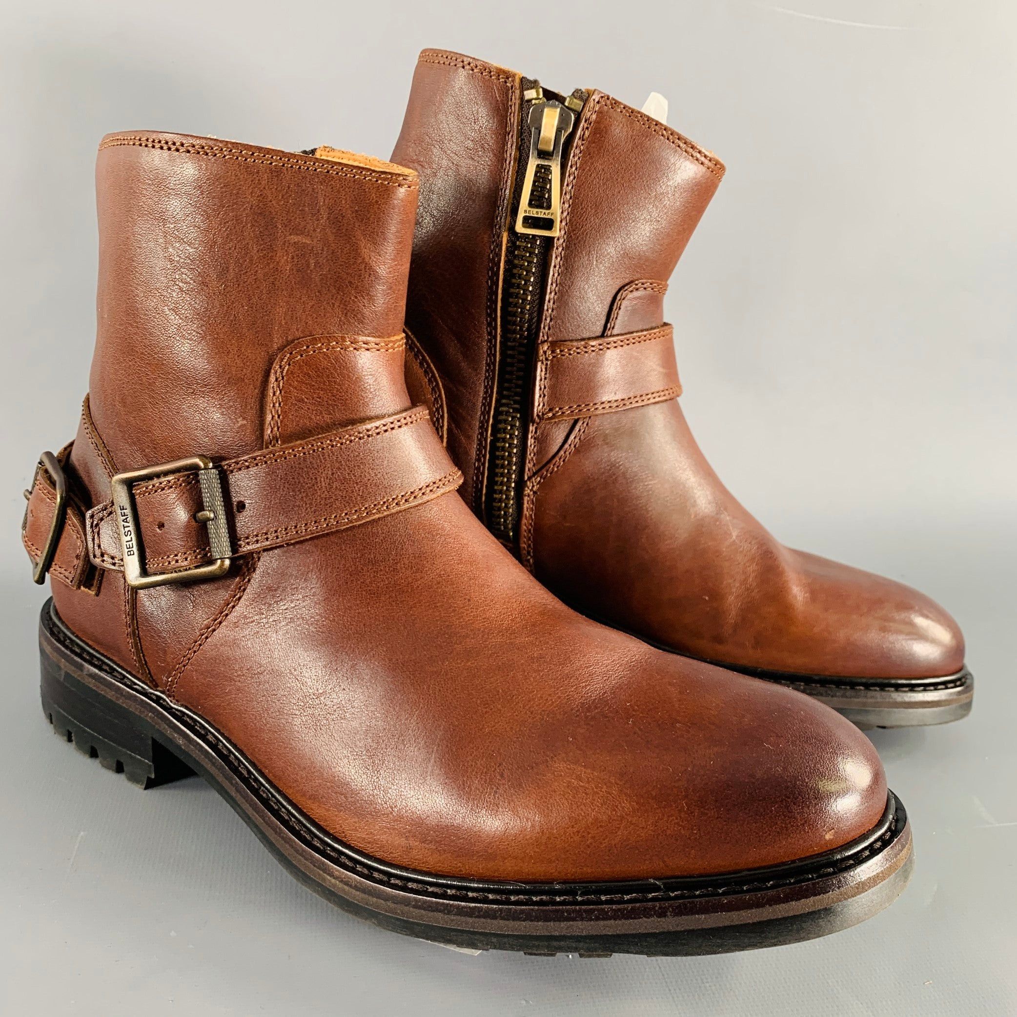Belstaff Boots Mens Size 10 Brown Cognac Trialmaster Buckle Zip Moto Biker NEW Men main image 2