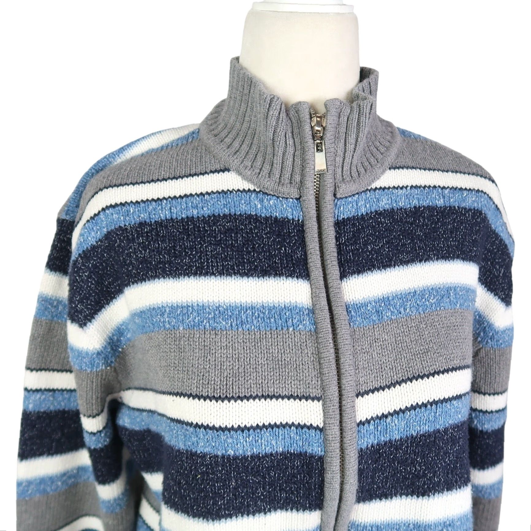 Liz Claiborne VINTAGE Liz Claiborne Cardigan Sweater Stripe Zip Grey Blue L Womens Long Sleeve Knit Fall Spring Winter Cashmere? Wait cannot add. Size L / US 10 / IT 46 - 2 Thumbnail