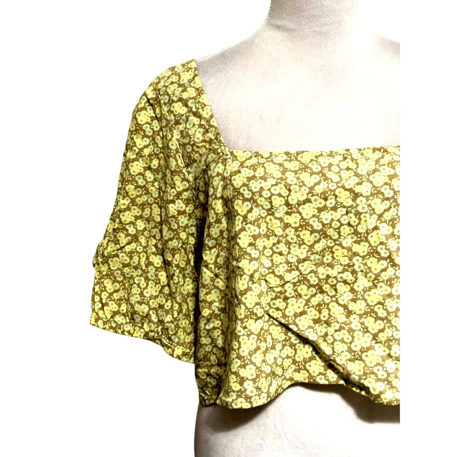 BP. BP. Puff Sleeve Crop Top Linen Yellow Floral Women's Plus 2X Size XXL / US 16-18 / IT 52-54 - 3 Thumbnail