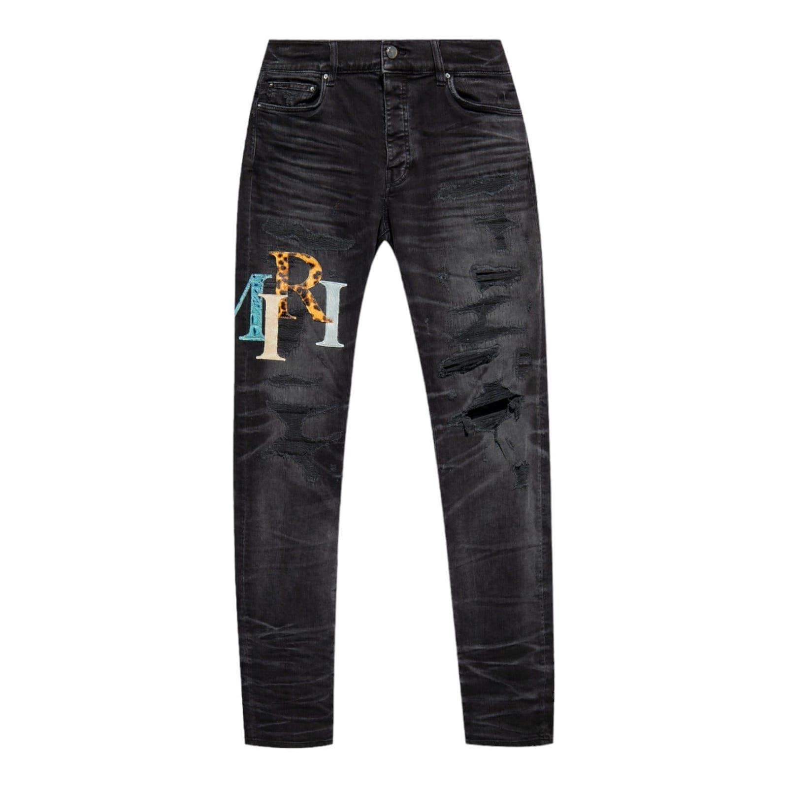 image of Amiri Leather Staggered Logo Jeans Faded Back in Black, Men's (Size 36)