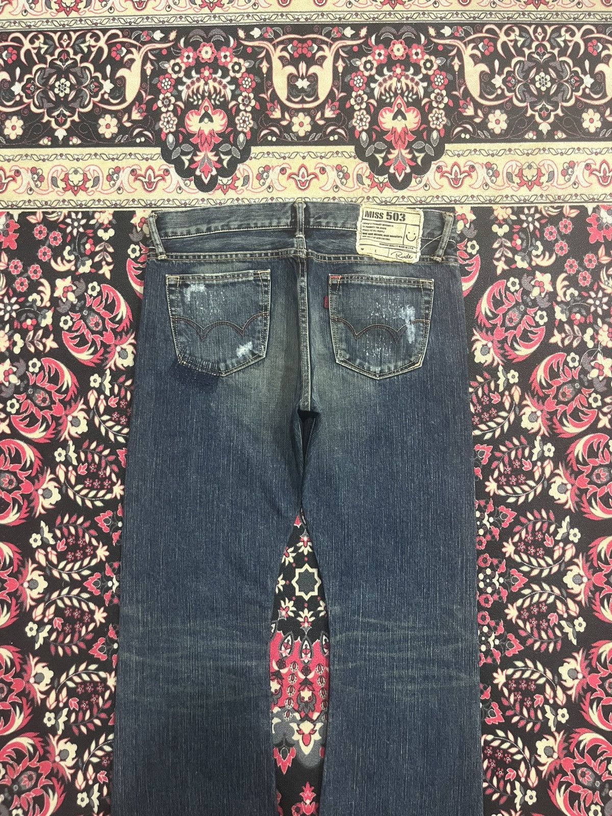 Tornado Mart Vintage Japan Edwin Miss 503 Dark Blue Distressed Flare Jean Size 31" - 7 Thumbnail
