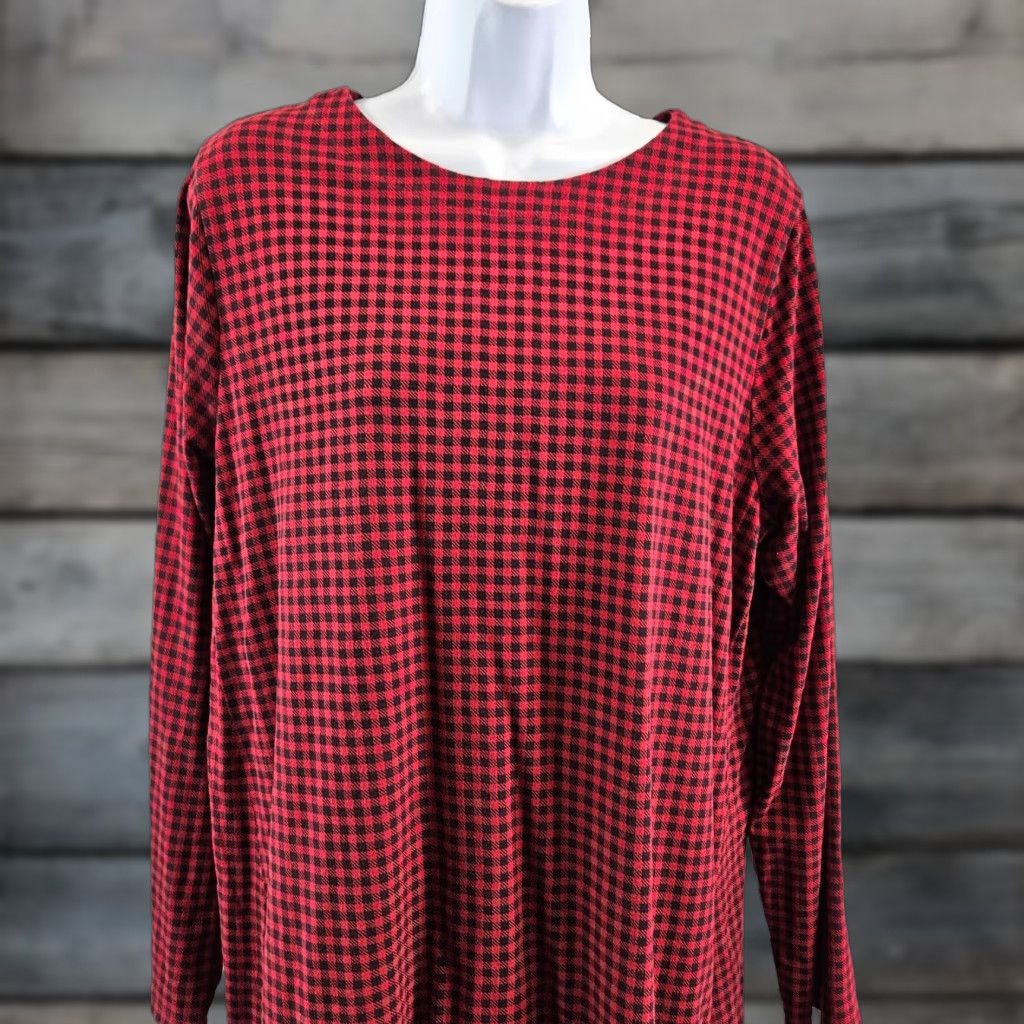J. Jill J Jill Womens Tunic Blouse Luxe Supima Forward Seam Size Large Red Black Checkered Knit Cotton Blend Long Sleeve Round Neck"} Size L / US 10 / IT 46 - 1 Thumbnail