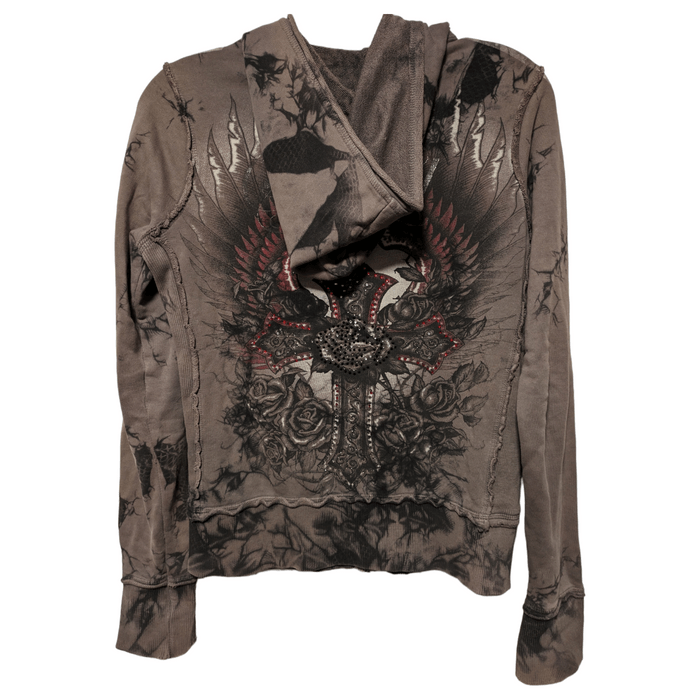 Vintage Sinful Affliction Zip Up Hoodie Bling Cross Wings Roses | Grailed