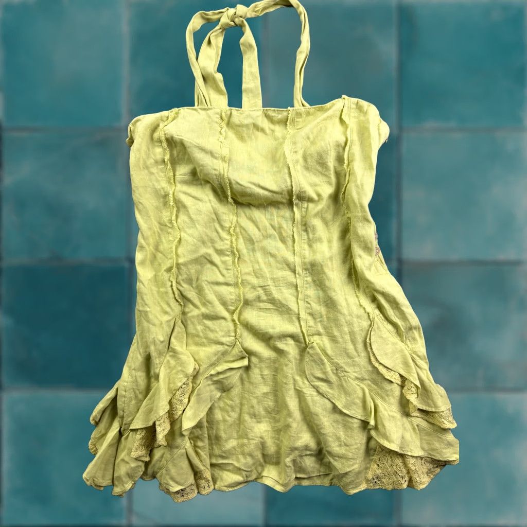Vintage VINTAGE_NO - (Not Vintage) Free-est Dress Womens M Yellow Halter Sundress Boho Lace Hem Ruffle Short Sleeveless Casual Festival Shorthm? Size 32" / US 10 / IT 46 - 1 Thumbnail