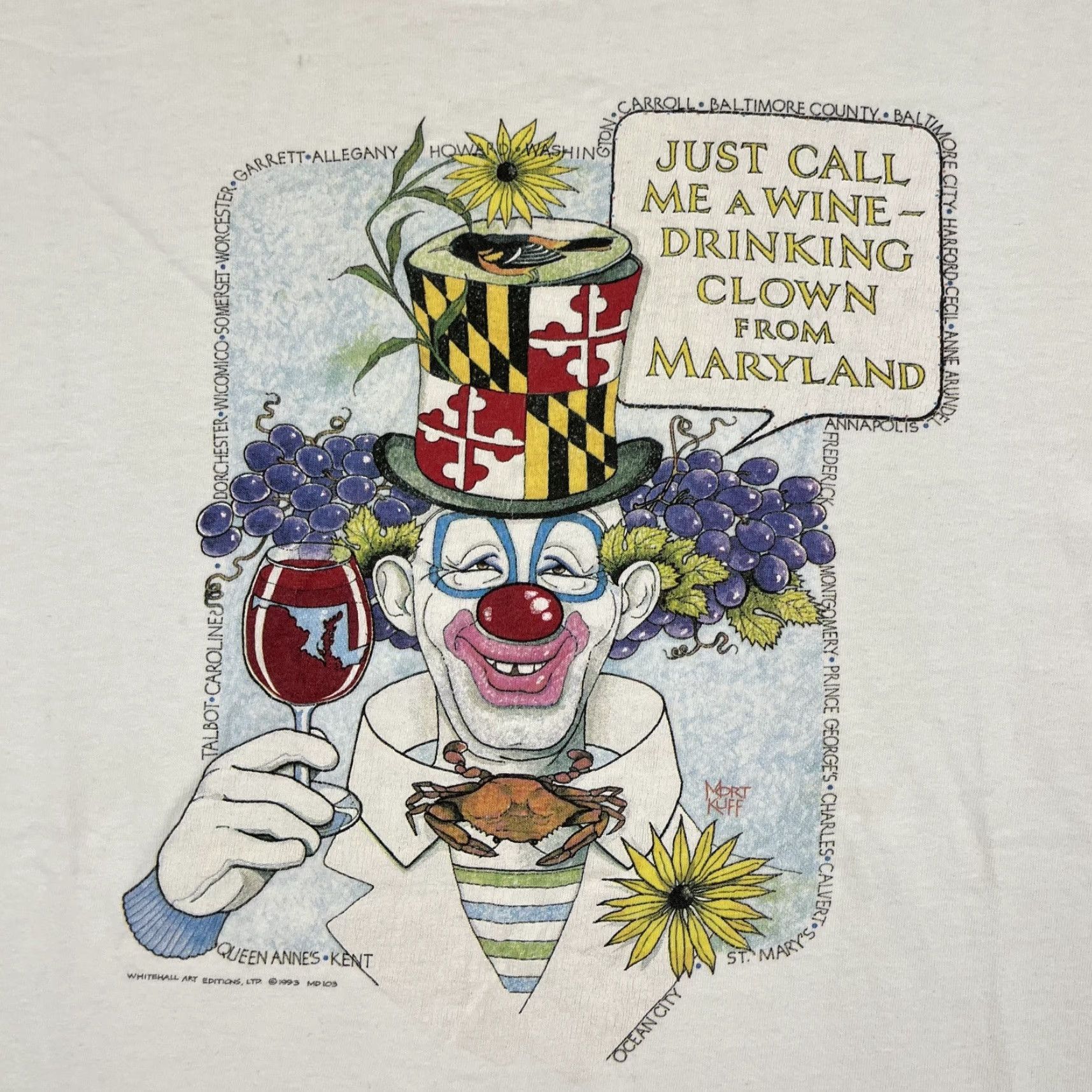 Vintage VINTAGE Clown Graphic T-Shirt Mens Large White Maryland Wine Humor Funny USA 90s Size US L / EU 52-54 / 3 - 2 Thumbnail