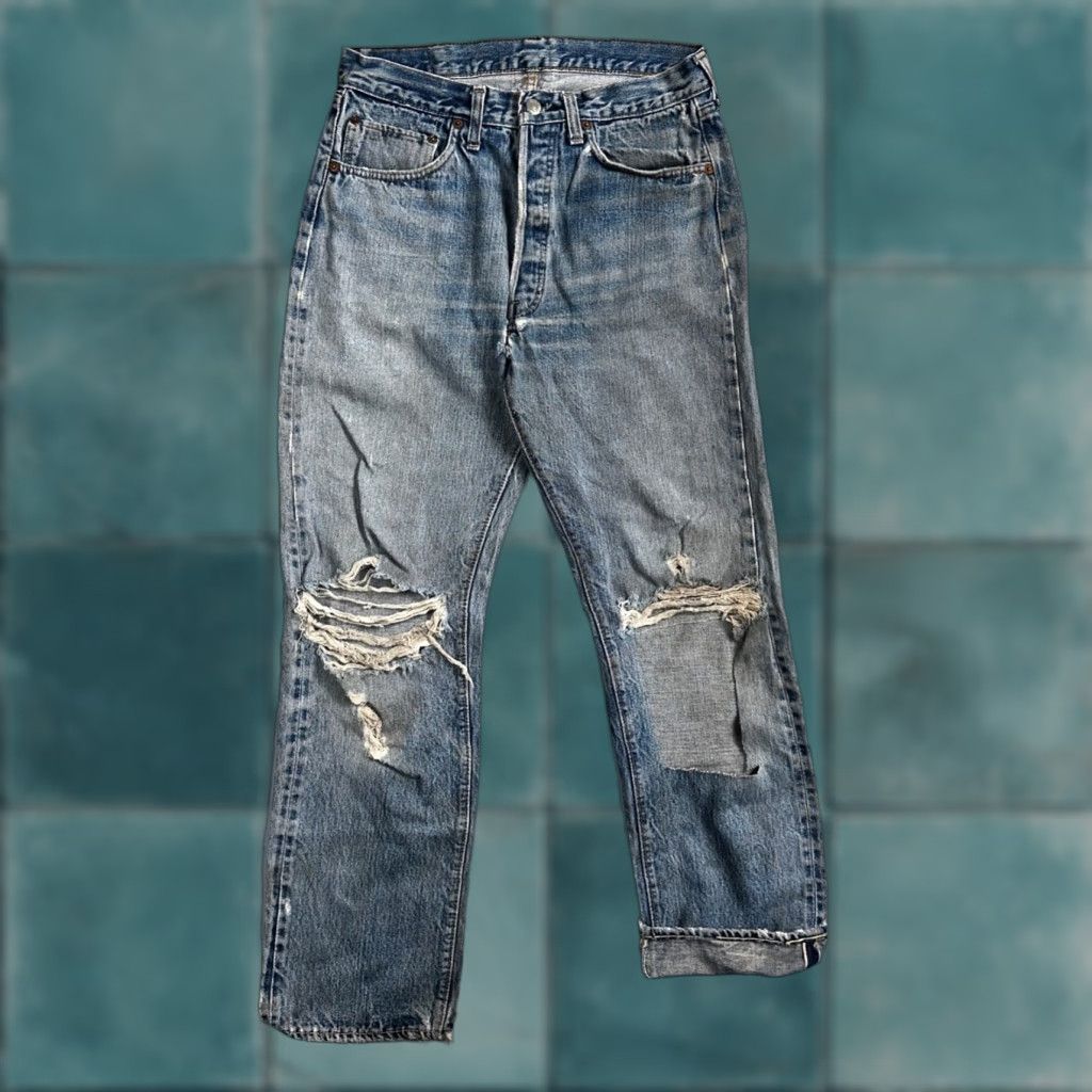 Levi's VINTAGE Levi's 501 XX Jeans - 70s Redline Selvedge, Thrashed, Ripped, Blue Denim, Button Closure, 29x29, Regular, Men's Size 29, Classic Straight Fit Size US 29 - 1 Thumbnail