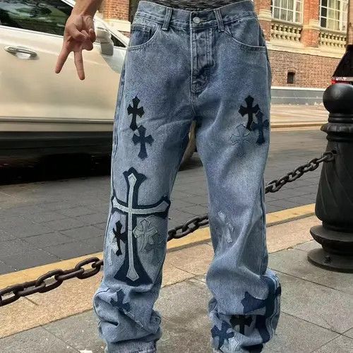 Japanese Brand × Jean Street style retro cross print straight jeans Size US 32 / EU 48 - 2 Thumbnail