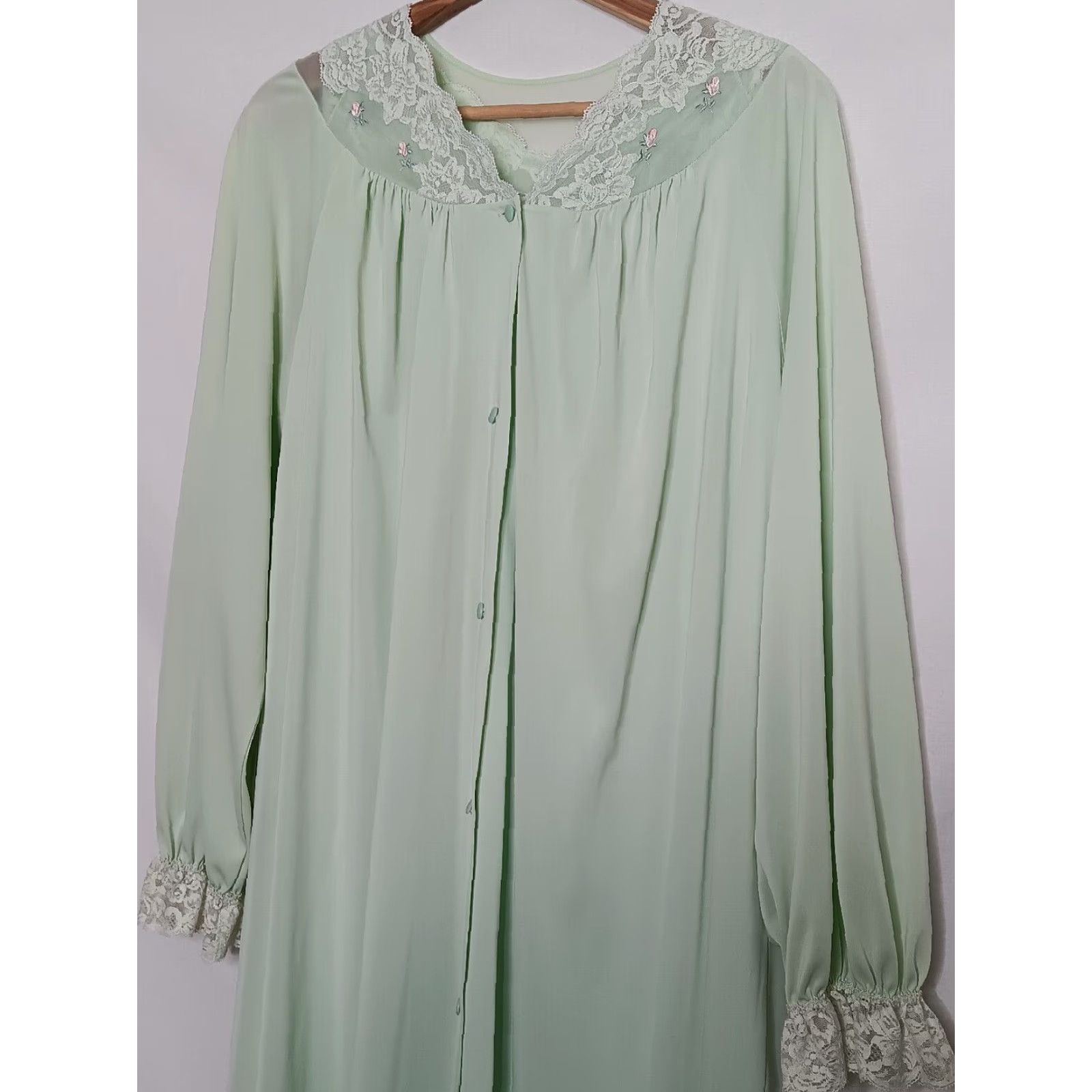 Vintage VINTAGE ShadowLine Green Lace Nightgown Set 2 Piece Long Vintage Sleepwear Womens Medium Size ONE SIZE - 3 Thumbnail