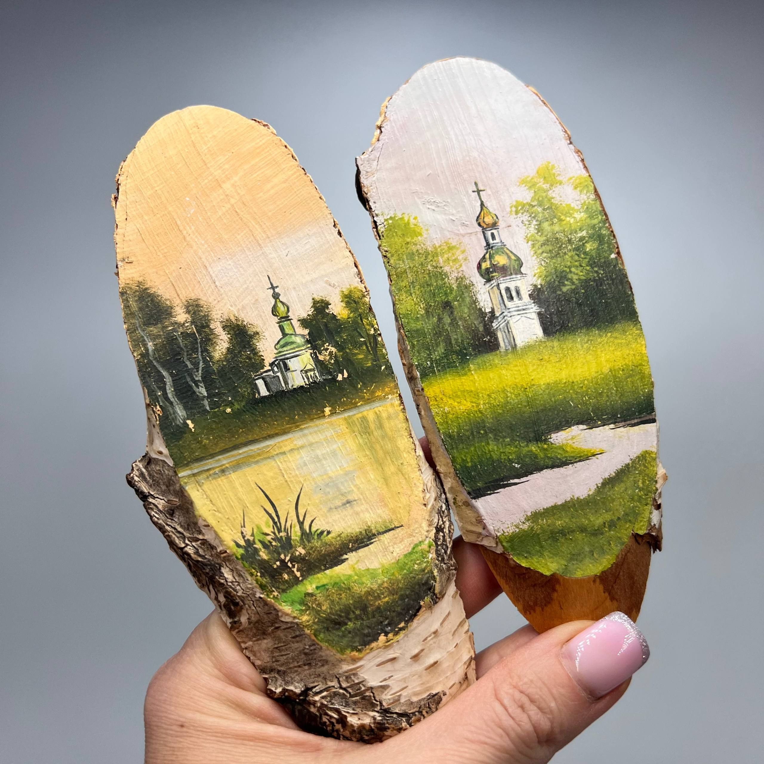 Vintage Vintage Ukrainian Oil Paintings on Birch Wood Set of 2 Size ONE SIZE - 1 Thumbnail