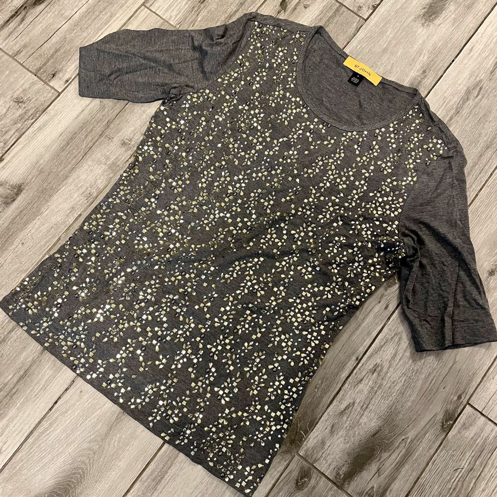 St. John St. John VTG Yellow Label Embellished Top Tee Shirt M Rhinestones Gray Short Sleeve Women Shirt Size M / US 6-8 / IT 42-44 - 3 Thumbnail