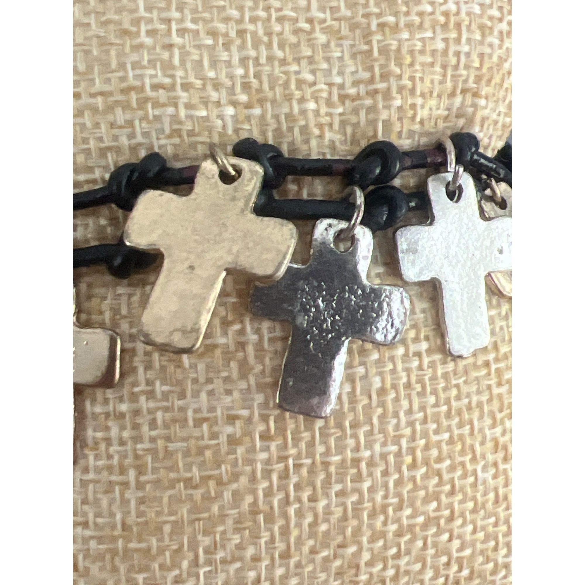 Other Double Leather Strand Bracelet Silver Gold Tone Cross Dangle Size ONE SIZE - 2 Thumbnail