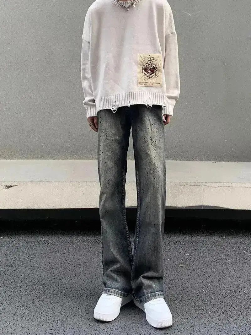 Japanese Brand Retro micro flared straight leg splashed ink jeans Size US 30 / EU 46 - 3 Thumbnail