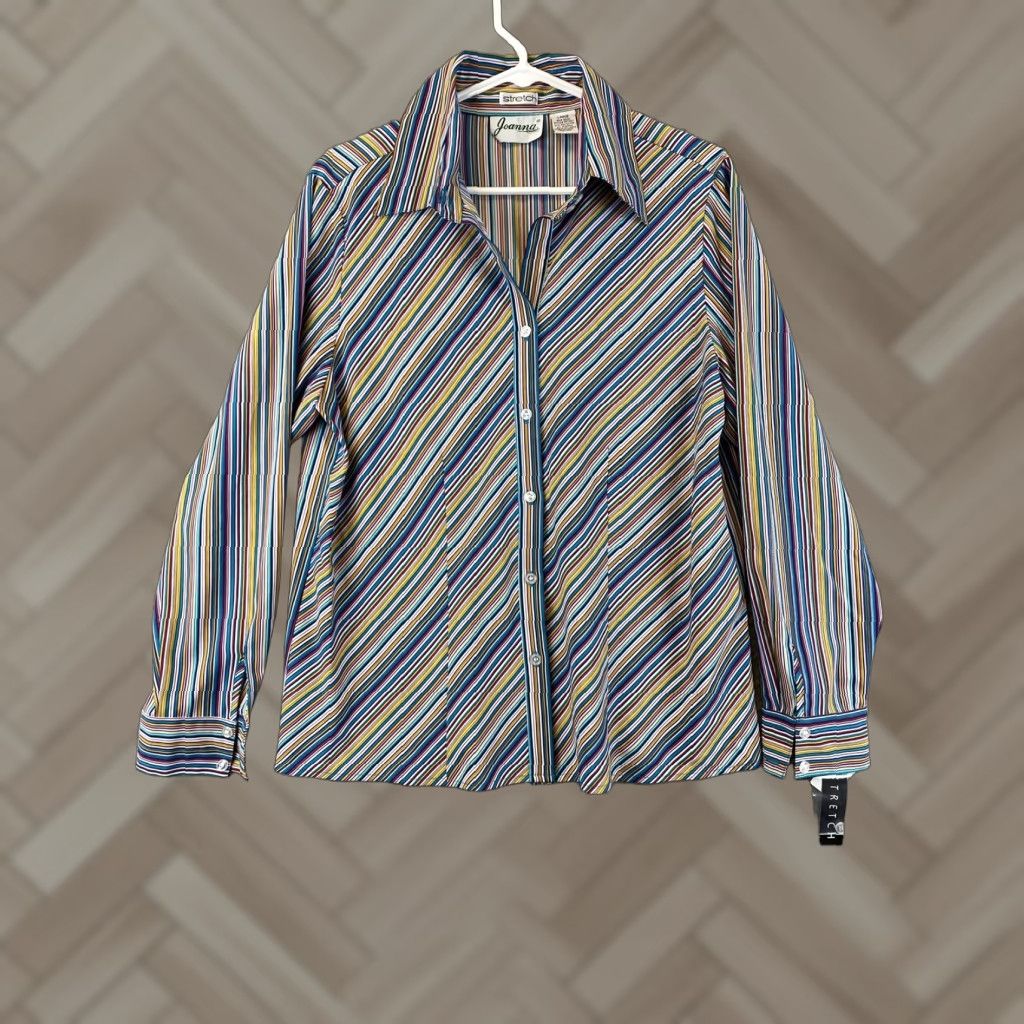 Vintage Joanna Shirt Women's L Brown Blue Stretch Long Sleeve Button Front / 80-35 Size L / US 10 / IT 46 - 1 Thumbnail