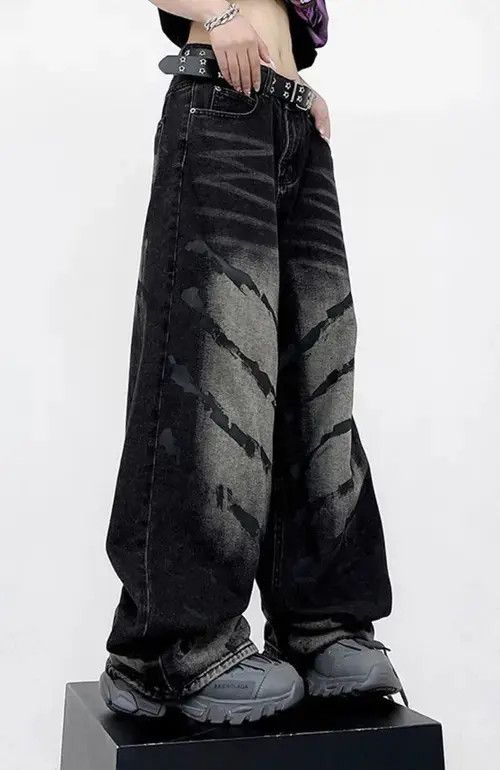 Jean Vintage Unisex Black Tie Dye Graffiti Pattern Jean Size US 30 / EU 46 - 4 Thumbnail