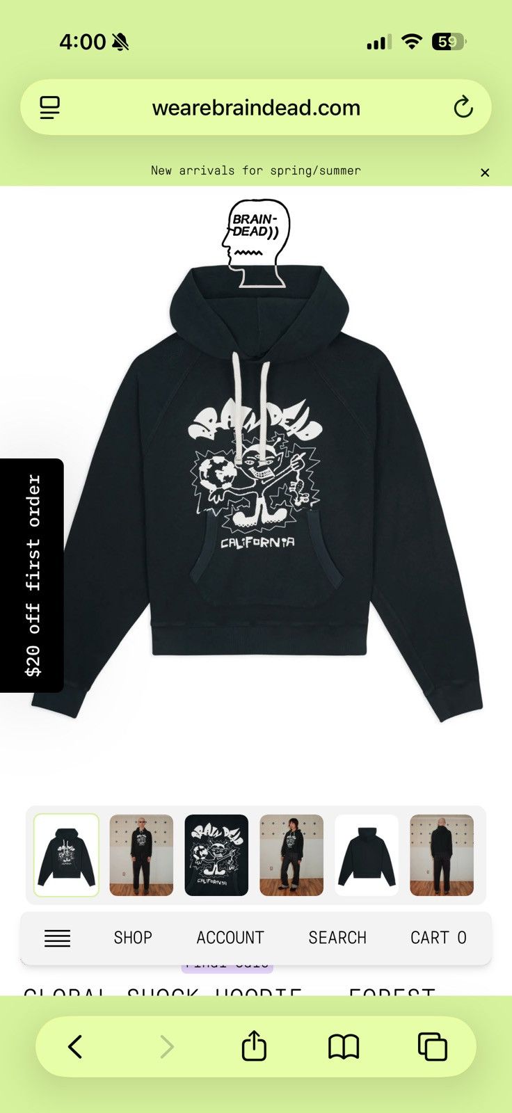 Brain Dead Brain Dead GLOBAL SHOCK HOODIE - FOREST GREEN Size US XL / EU 56 / 4 - 7 Thumbnail