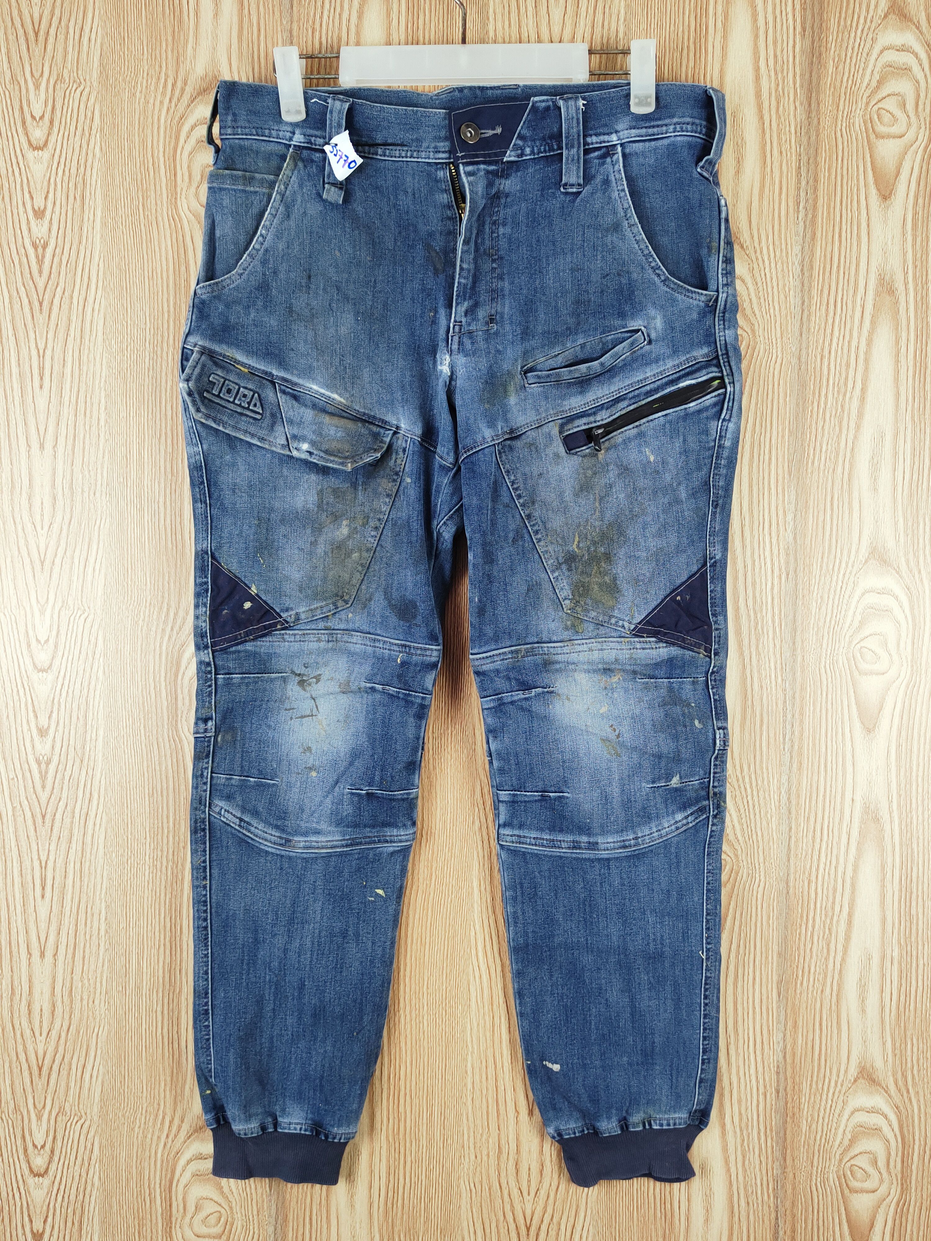 Japanese Brand TORA Blue Distressed vintage dirty Ripped Joggers #S2770 Size US 33 - 1 Thumbnail