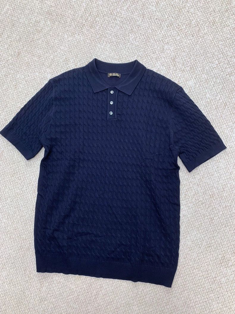 Loro Piana LORO PIANA Dark blue cotton knitted T-shirt with lace Size US L / EU 52-54 / 3 - 4 Thumbnail