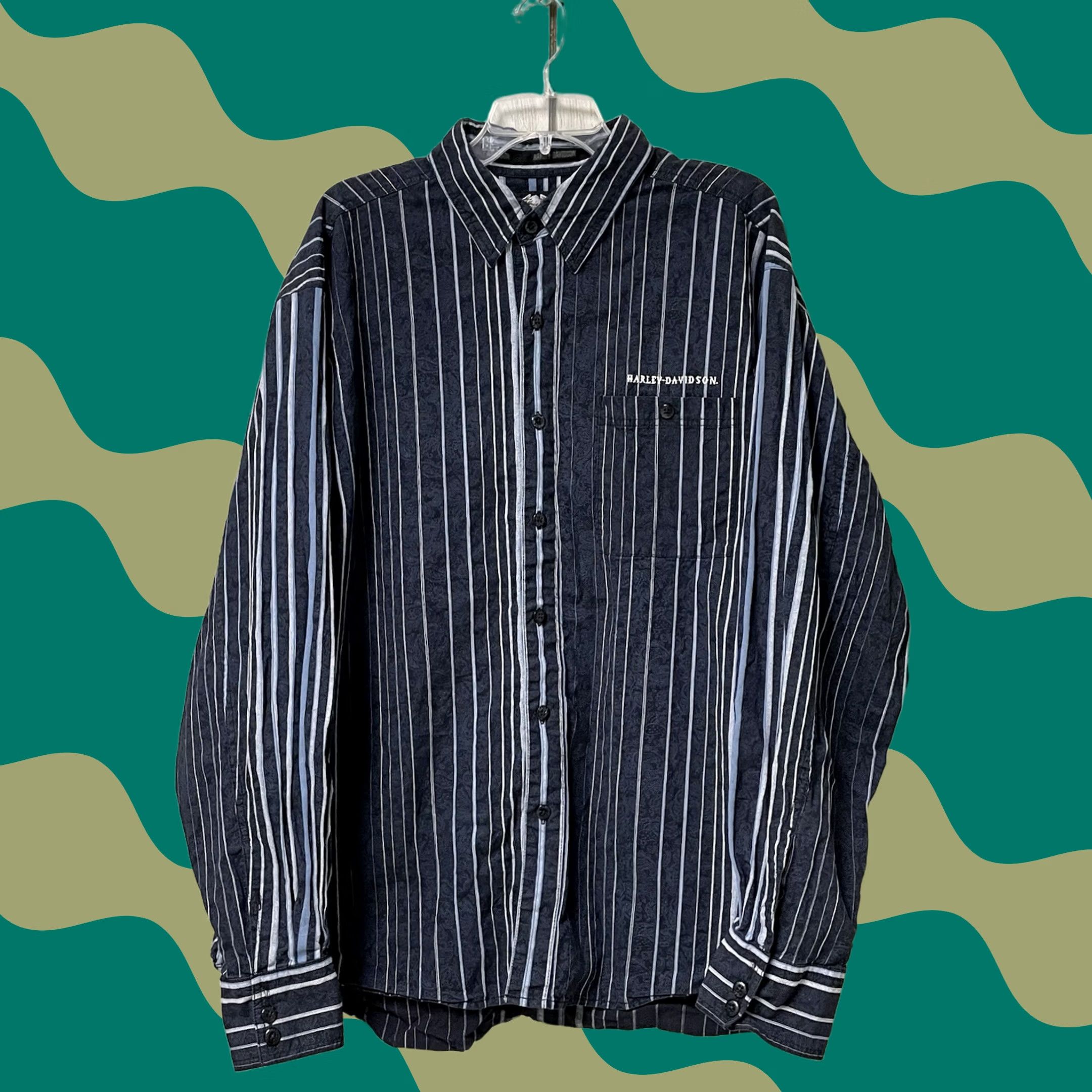 Harley Davidson VTG Harley-Davidson Men Blue Striped Paisley Y2K Button-Up Long Sleeve Shirt 2XL Size US XXL / EU 58 / 5 - 1 Thumbnail