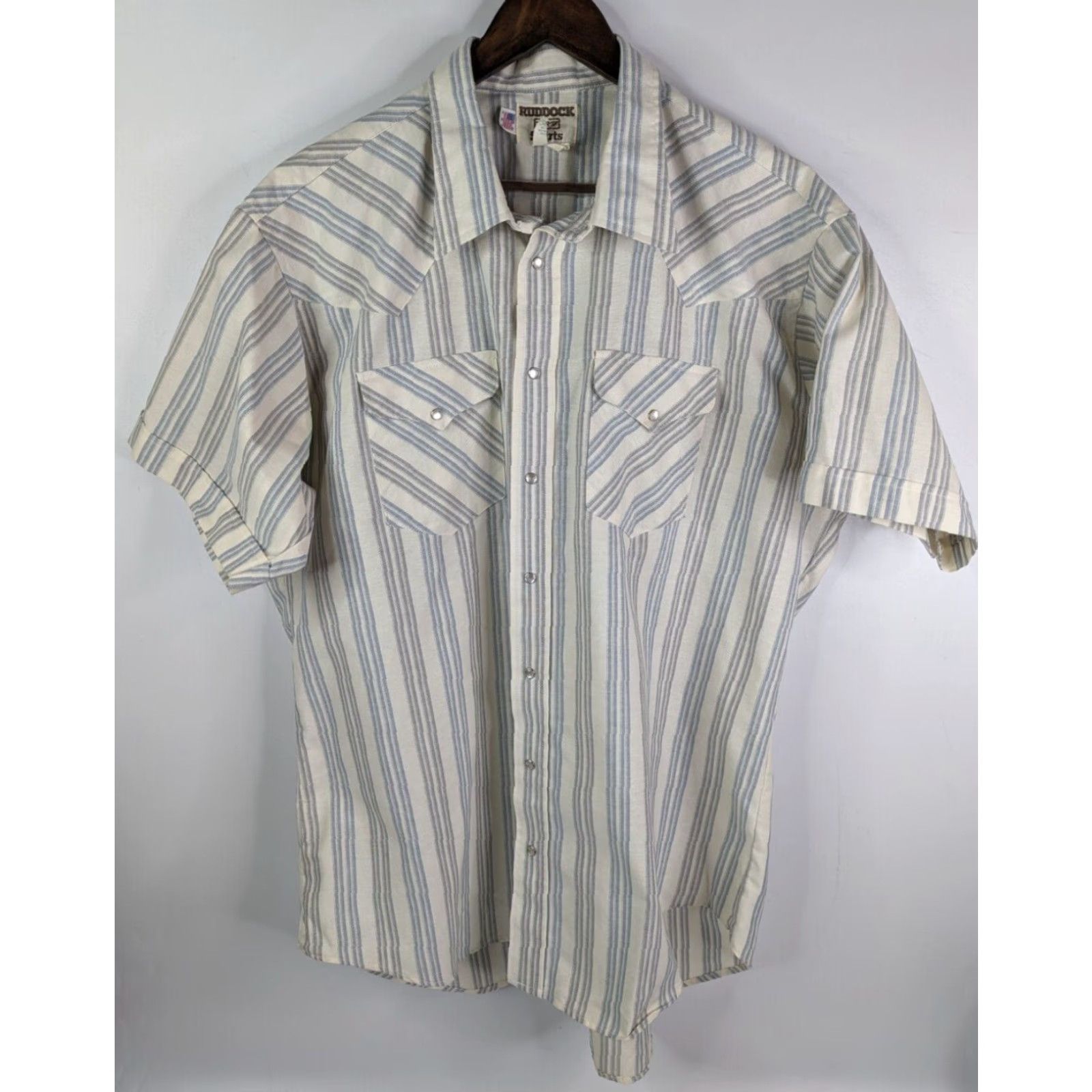 Vintage VINTAGE Ruddock Western Pearl Snap Shirt Big 18.5 65%polyester/35% Cotton Beige Short Sleeve Striped Button-Up Made in USA Mens Big & Tall Size US XXL / EU 58 / 5 - 2 Thumbnail