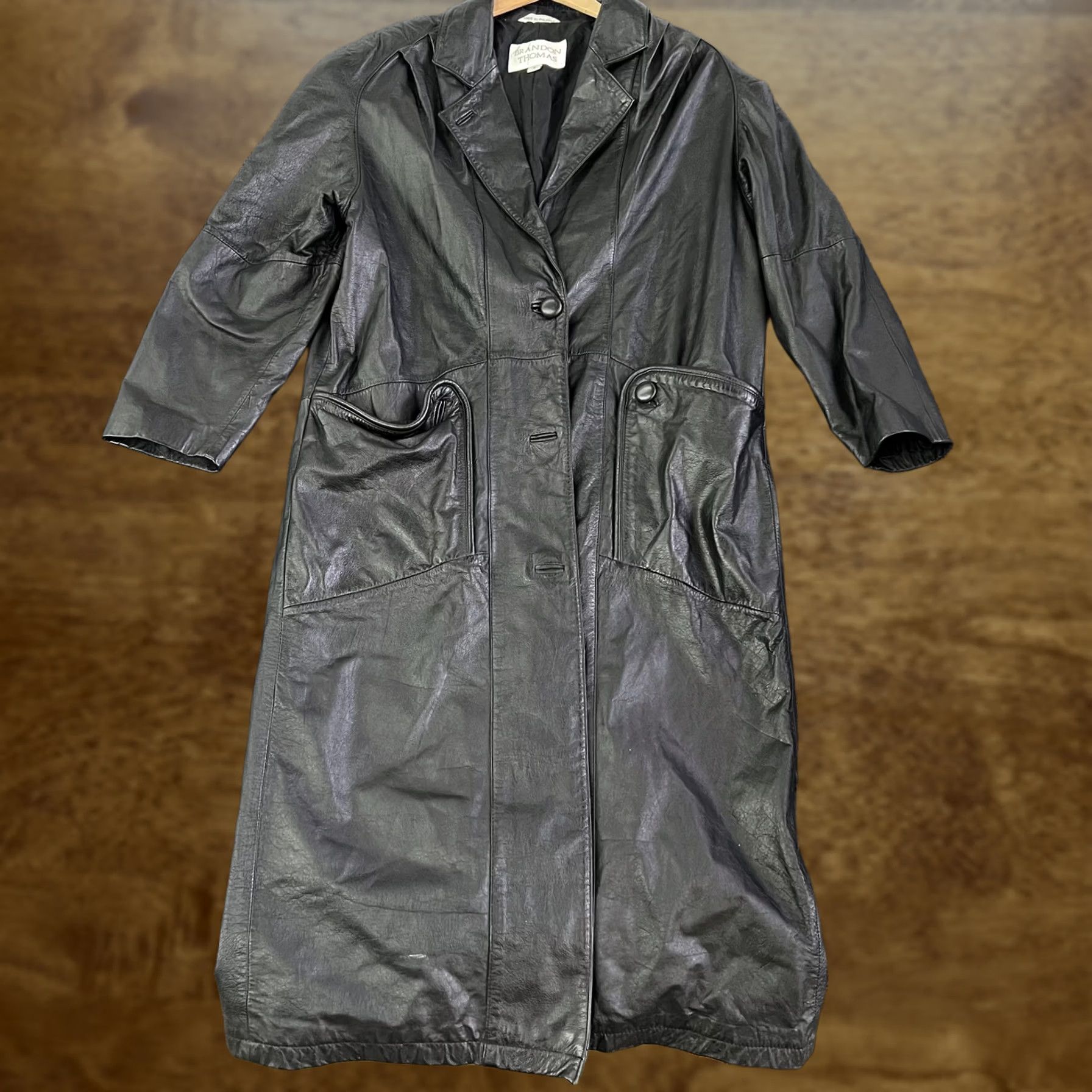 Vintage Brandon Thomas Coat Womens S Black Leather Button Front Mid-Length Overcoat Size S / US 4 / IT 40 - 1 Thumbnail