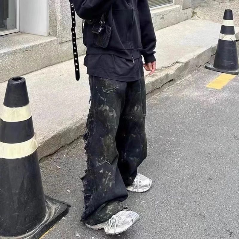 image of Designer Damaged Ripped Hole Jeans Y2K Baggy Trousers Oversized Pants in Black, Men's (Size 32)