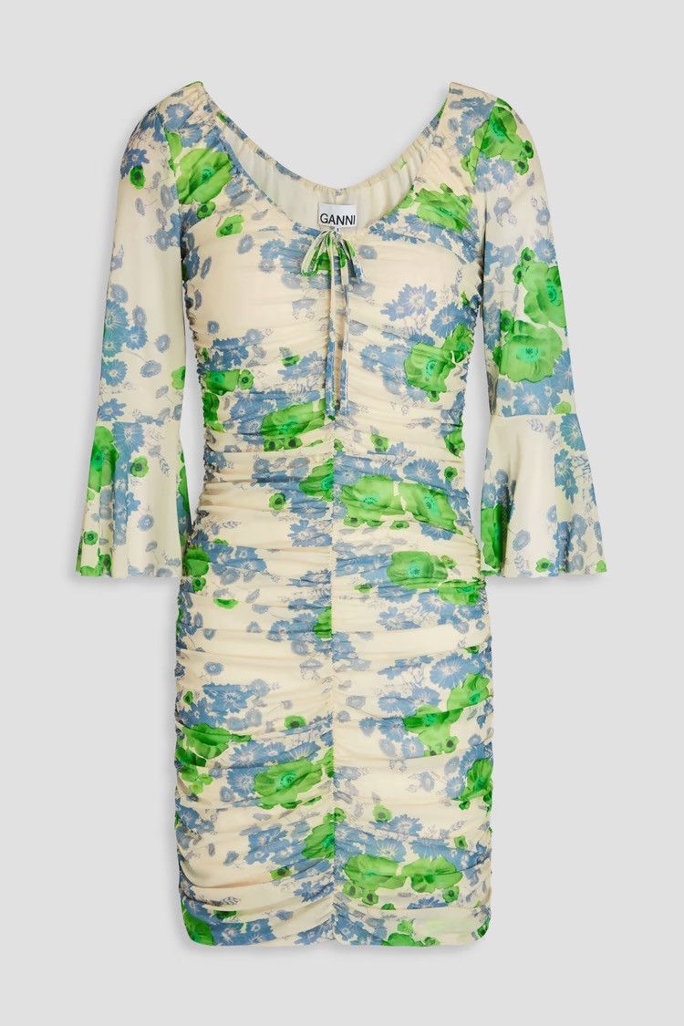 Ganni GANNI Ruched floral-print mesh mini Dress size EU 34 Size XS / US 0-2 / IT 36-38 - 2 Thumbnail