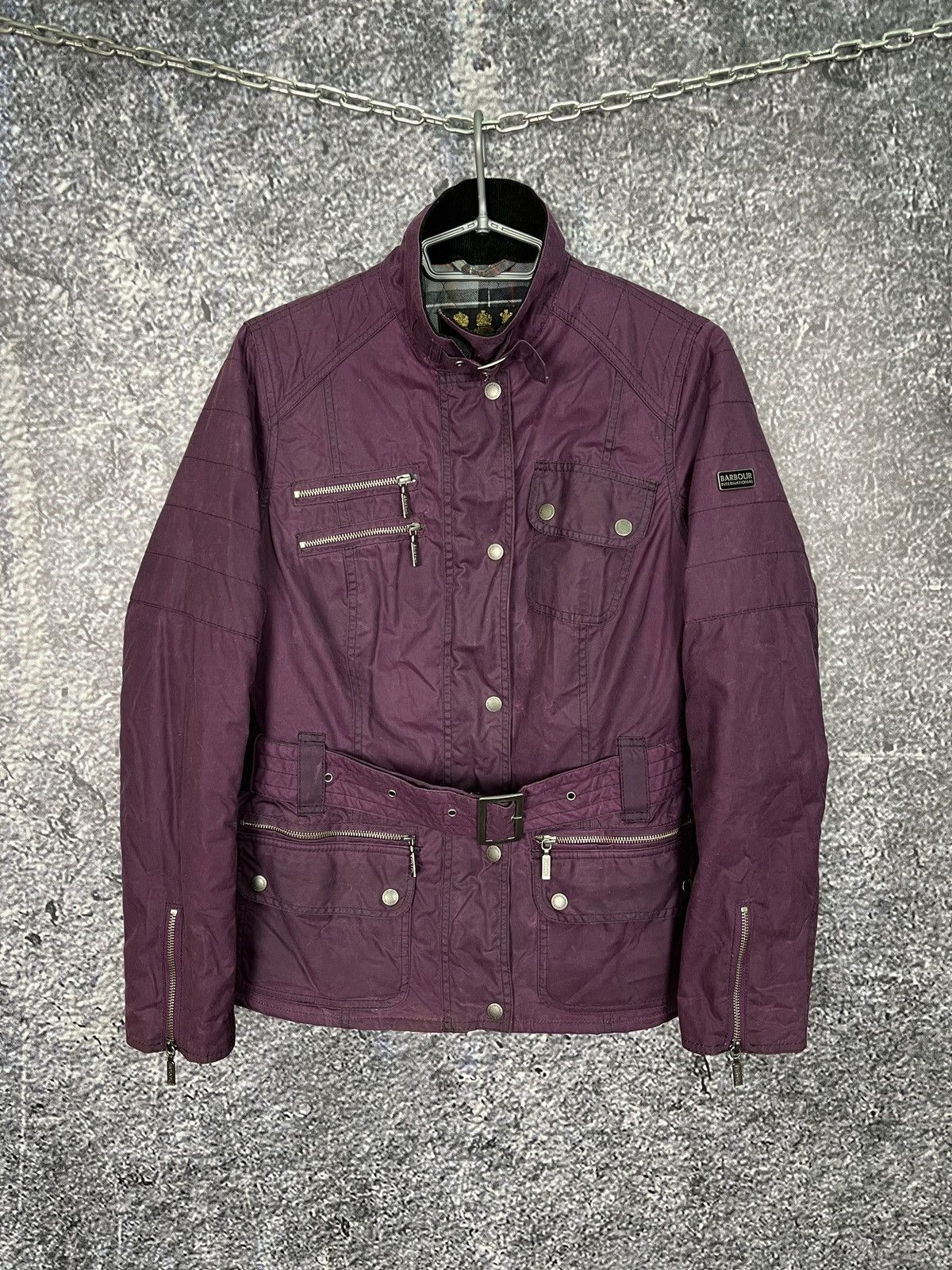 image of Womens Barbour International Fireblade Belted Wax Jacket in Purple (Size Large)